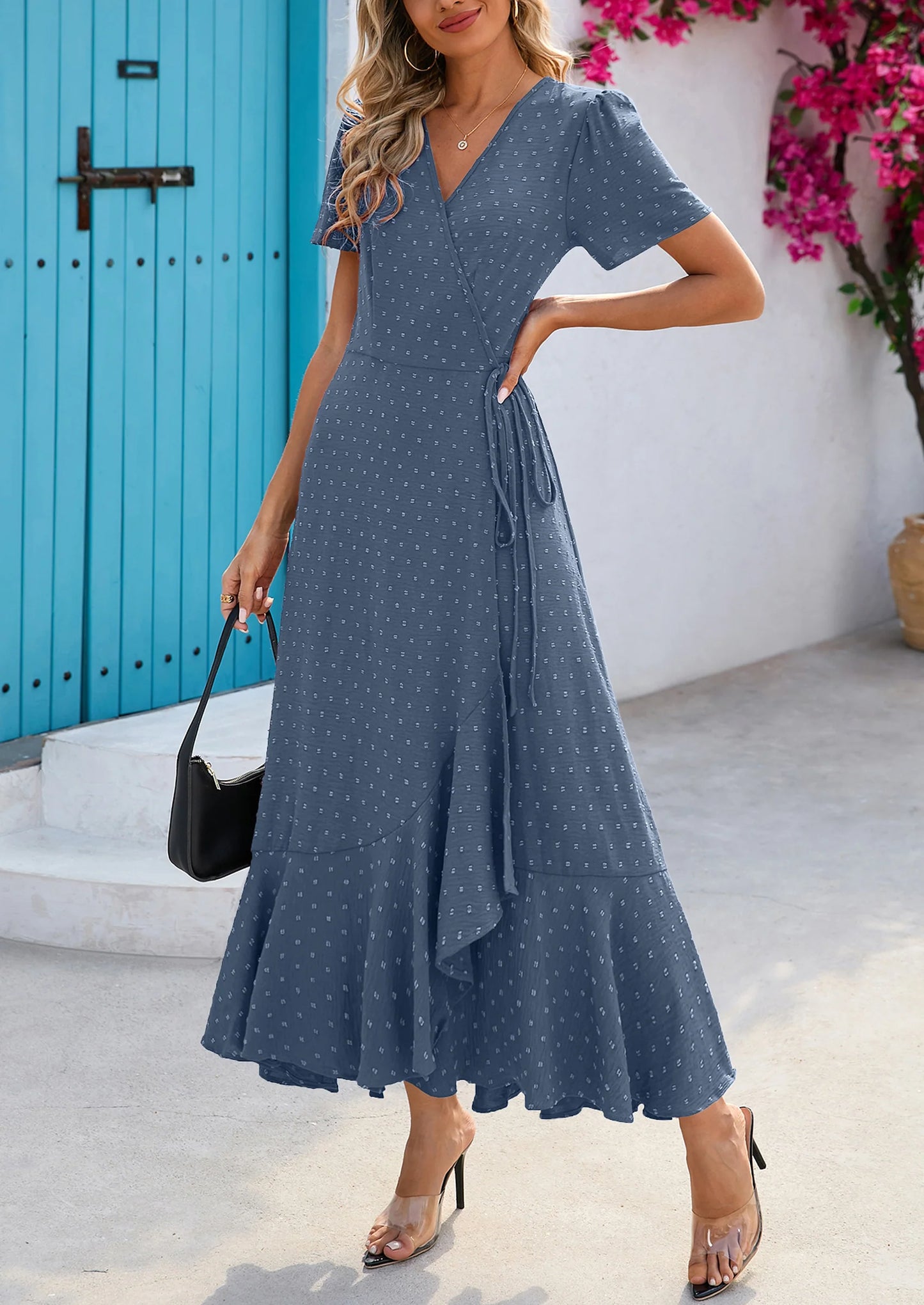 Women's Summer Maxi Dress Casual Wrap Floral Boho Short Sleeve V Neck Split Ruffle Beach Long Dresses