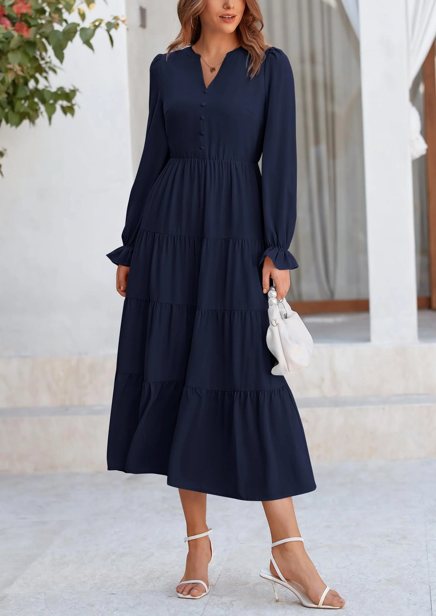 Women Fall Long Sleeve Smocked Maxi Dress Casual Square Neck Swiss Dot Tiered Ruffle Flowy Spring Pocket Dresses