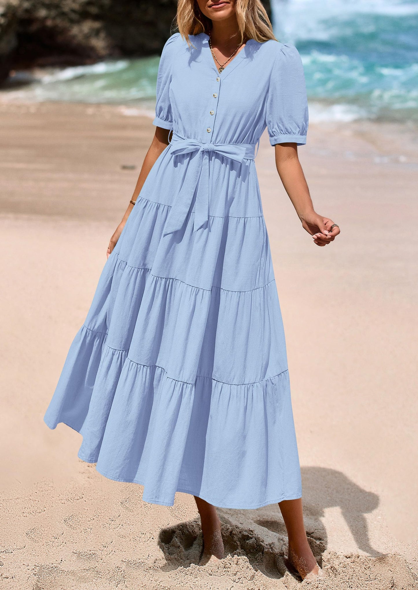 Women's Midi Dress Casual Short Sleeve V Neck Buttons Belted Ruffle A Line Flowy Dress with Pockets