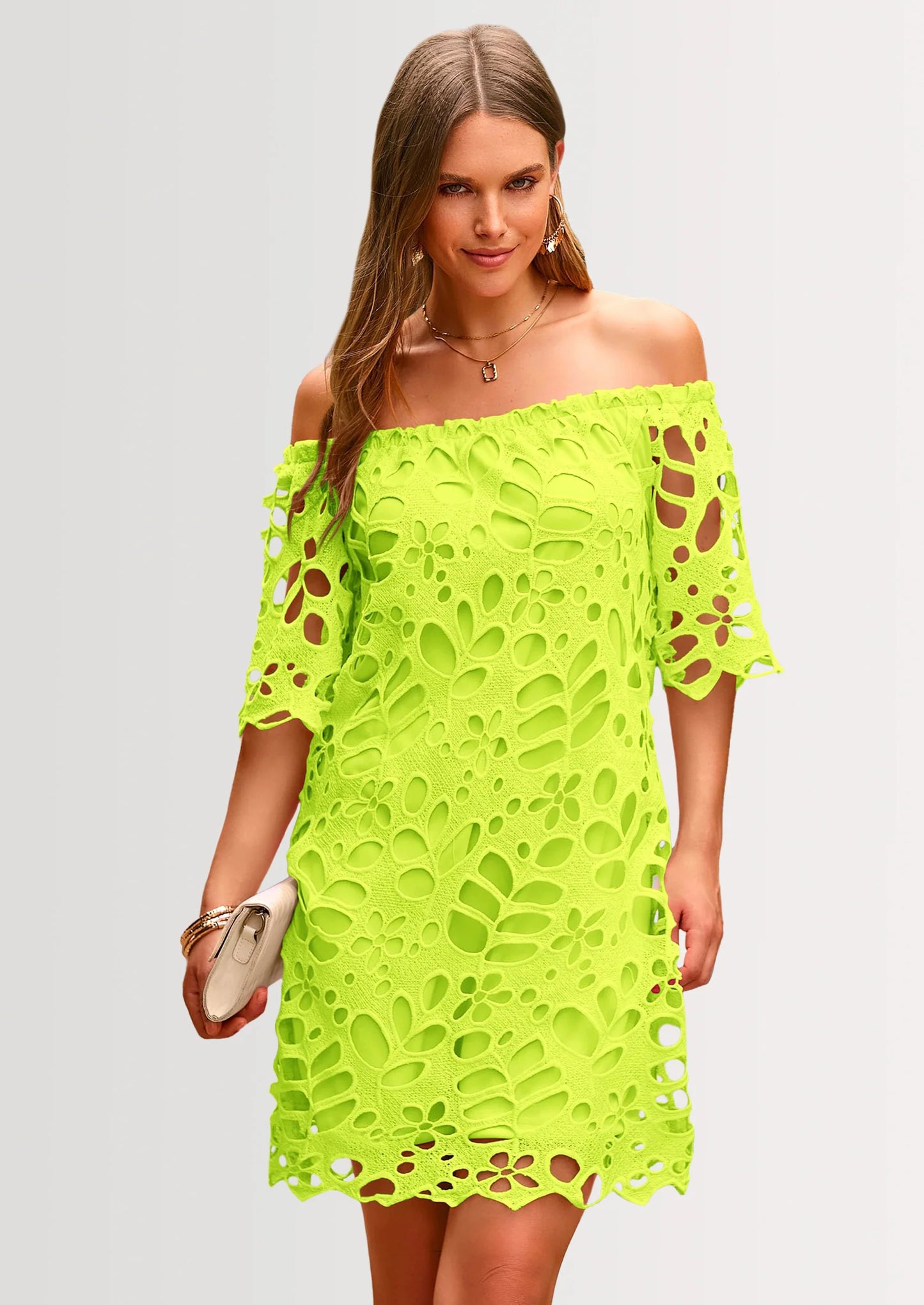 Women's Summer Off Shoulder Dresses Floral Lace Flare Short Sleeve Spring Vintage Elegant Mini Dress