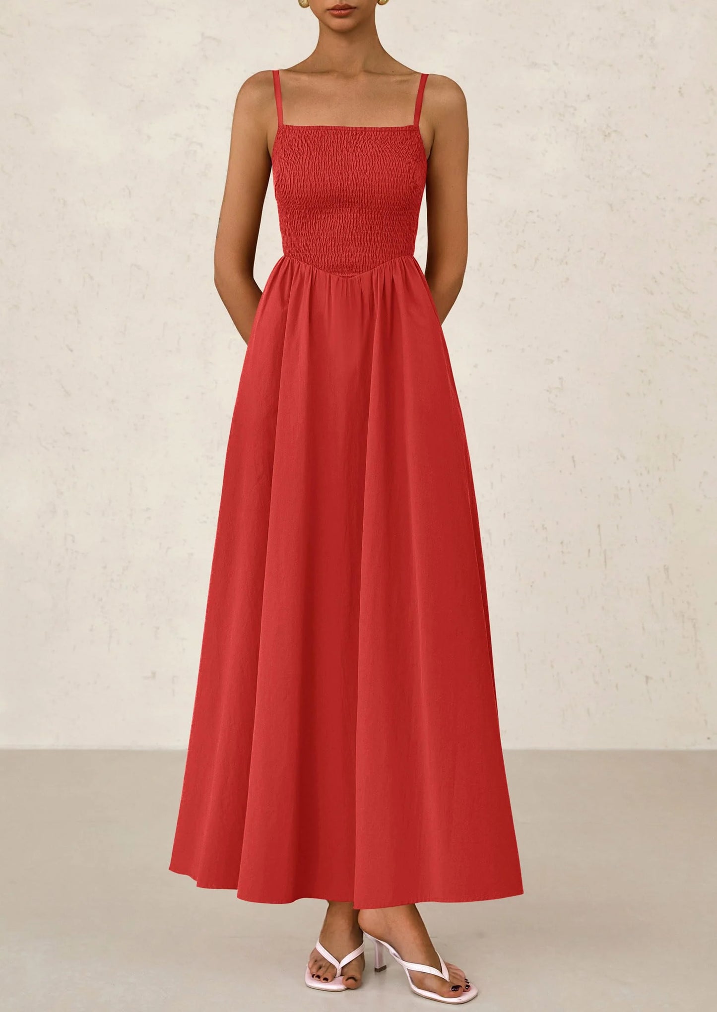 Women's Smocked Maxi Dresses Beach Sundress Casual Spaghetti Strap Swing A Line Long Flowy Dress