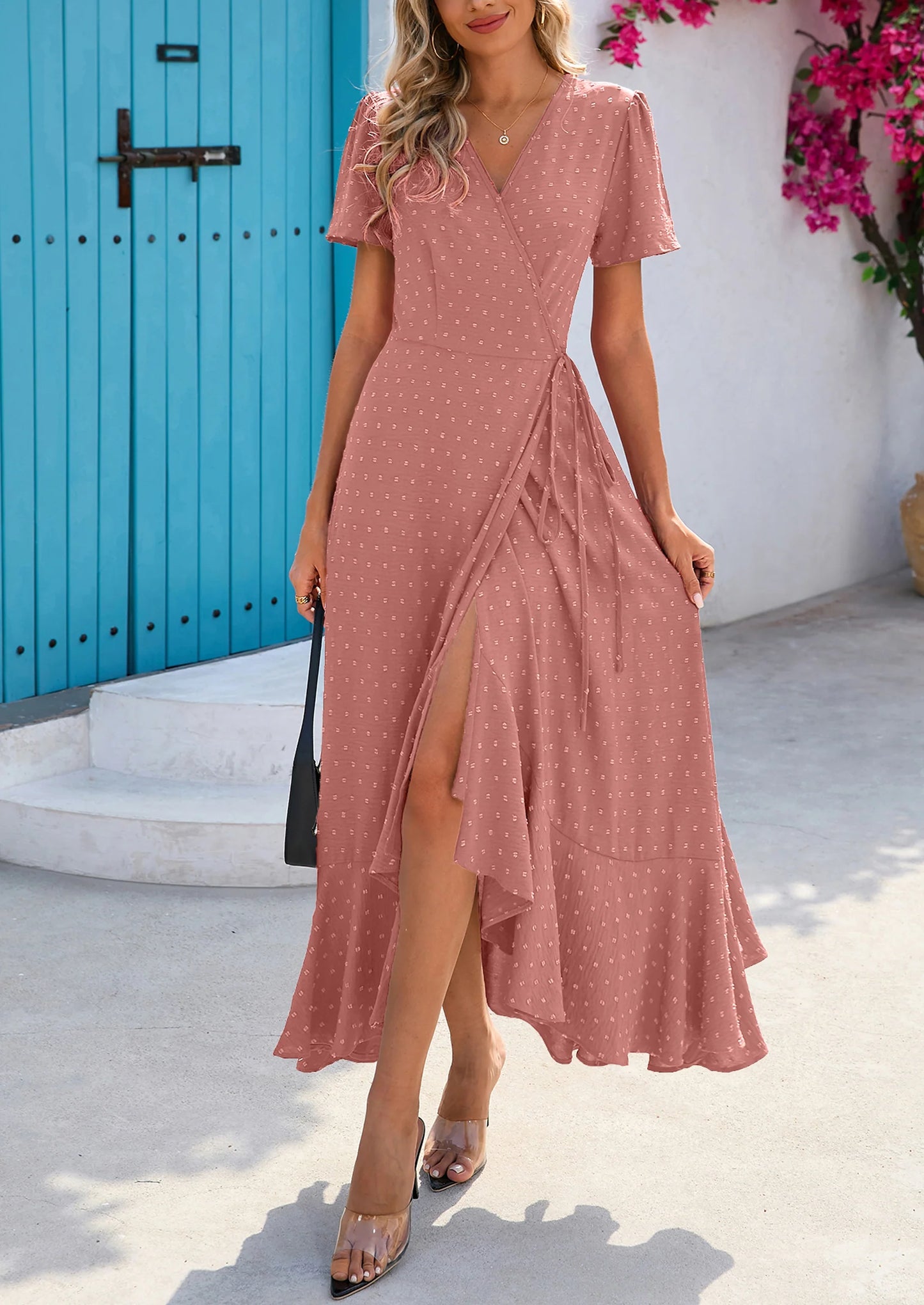Women's Summer Maxi Dress Casual Wrap Floral Boho Short Sleeve V Neck Split Ruffle Beach Long Dresses
