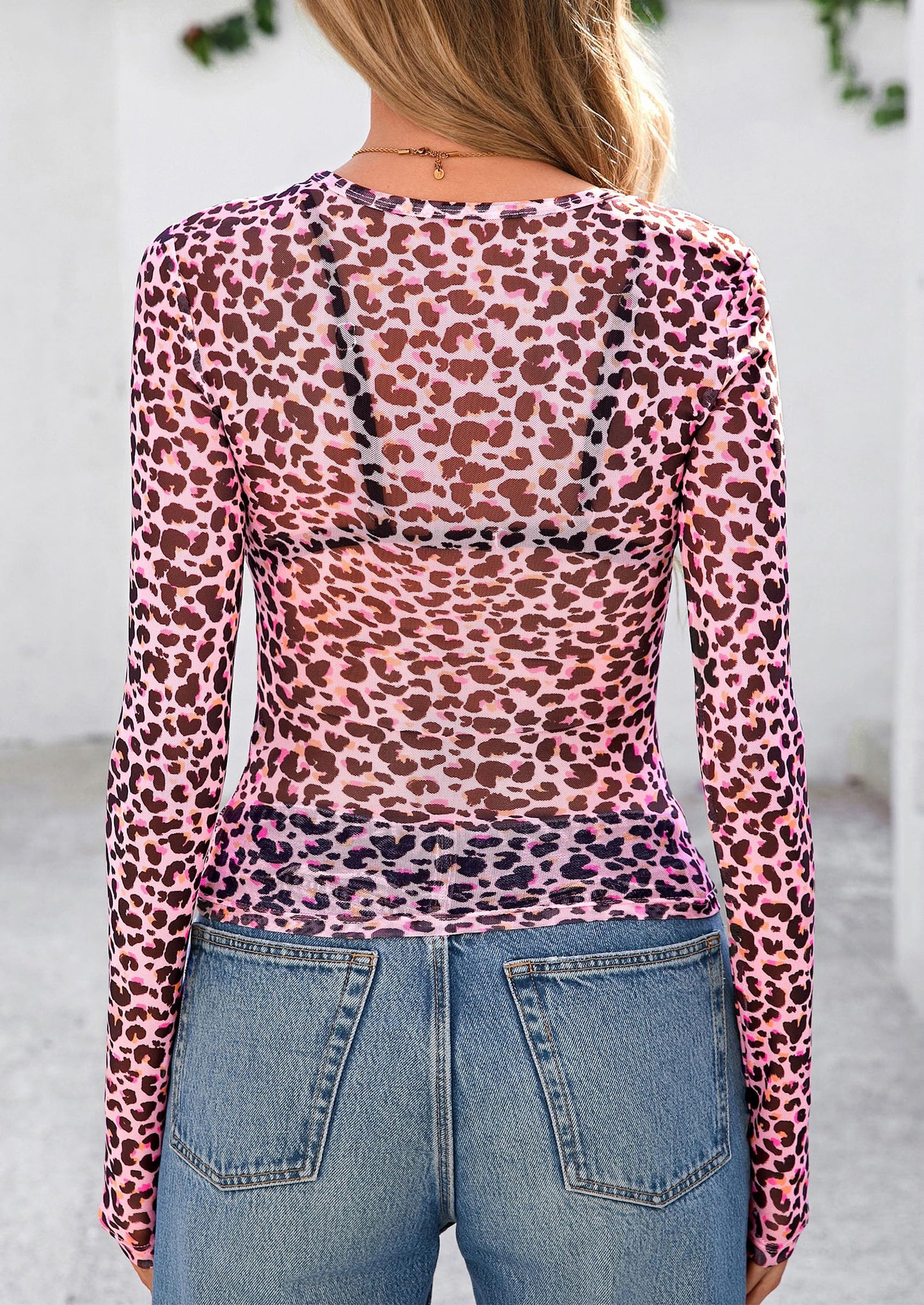 Women's Mesh Long Sleeve Top Trendy Fall See Through Sheer Blouse Leopard Fitted Going Out Layering Shirts