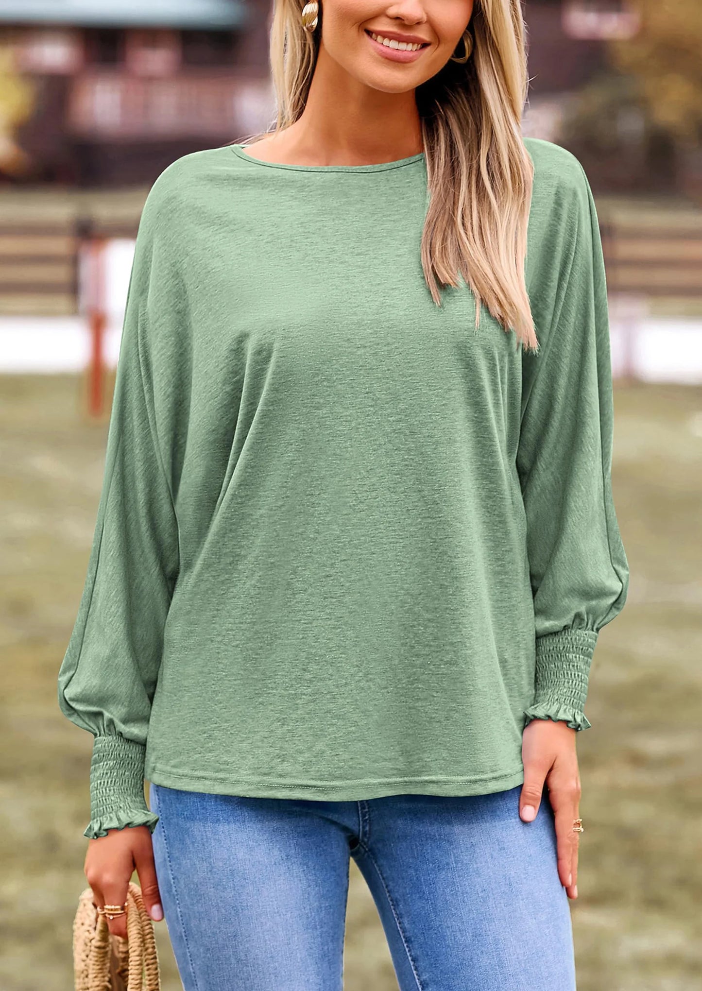 Women's Spring Fashion T Shirts Puff Long Sleeve Crewneck Casual Basic Tee Tops Blouses