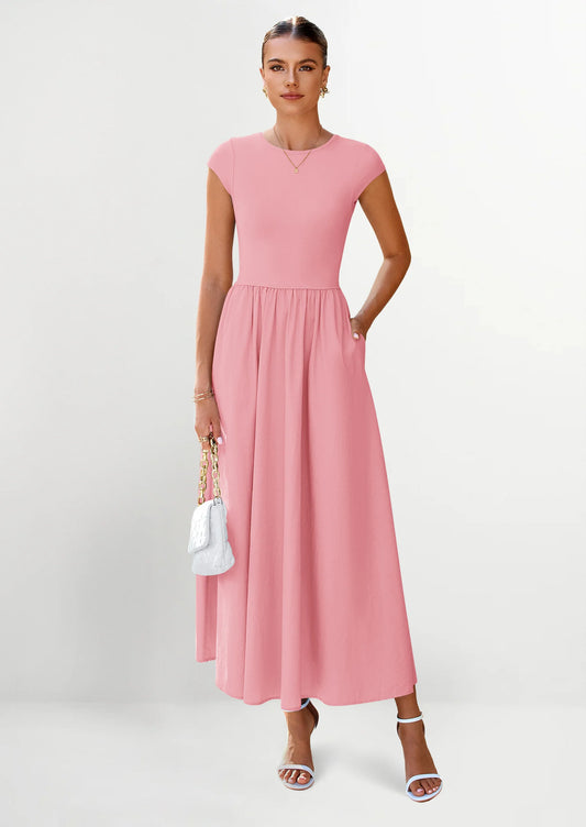 Women's Casual Long Dresses Cap Sleeve Patchwork A Line Flowy Modest Elegant Homecoming Maxi Dress