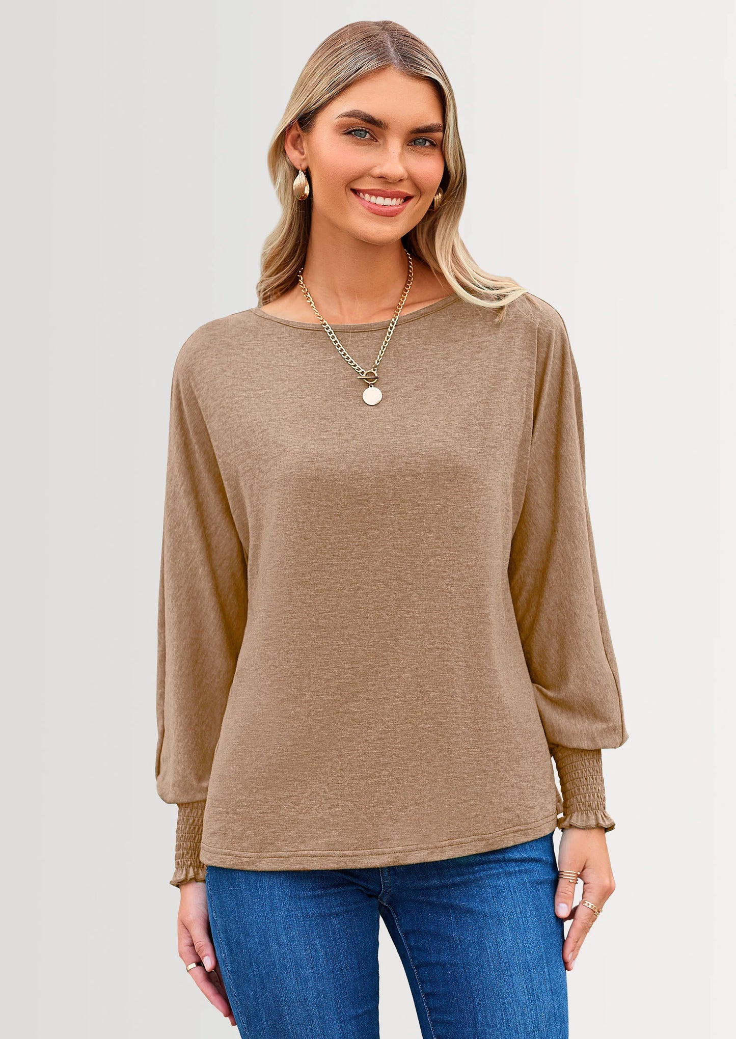 Women's Spring Fashion T Shirts Puff Long Sleeve Crewneck Casual Basic Tee Tops Blouses