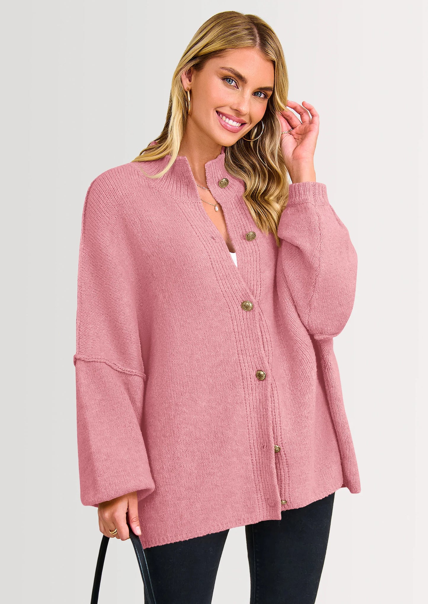 Women's Winter Button Down Cardigan Sweaters Mock Neck Lantern Long Sleeve Chunky Knit Jacket Trendy Outerwear