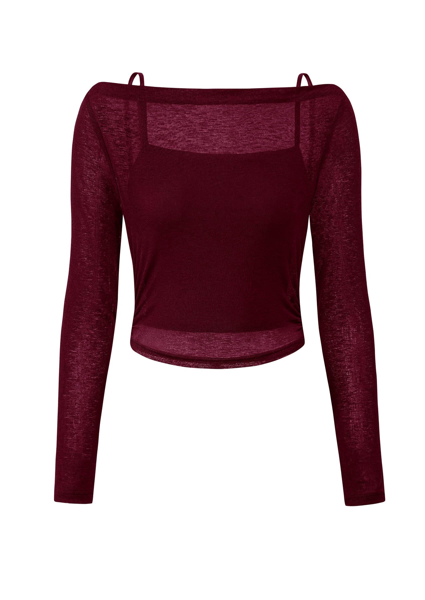 Women's Long Sleeve Sheer Crop Tops Boat Neck See Through Cover Up with Spaghetti Strap Camisole 2 Piece Blouses