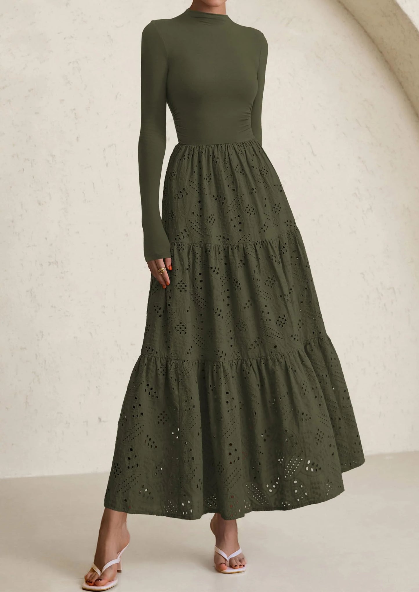 Long Sleeve Dress for Women Fall Eyelet Mock Neck A Line Elegant Classy Maxi Wedding Guest Dresses Pockets