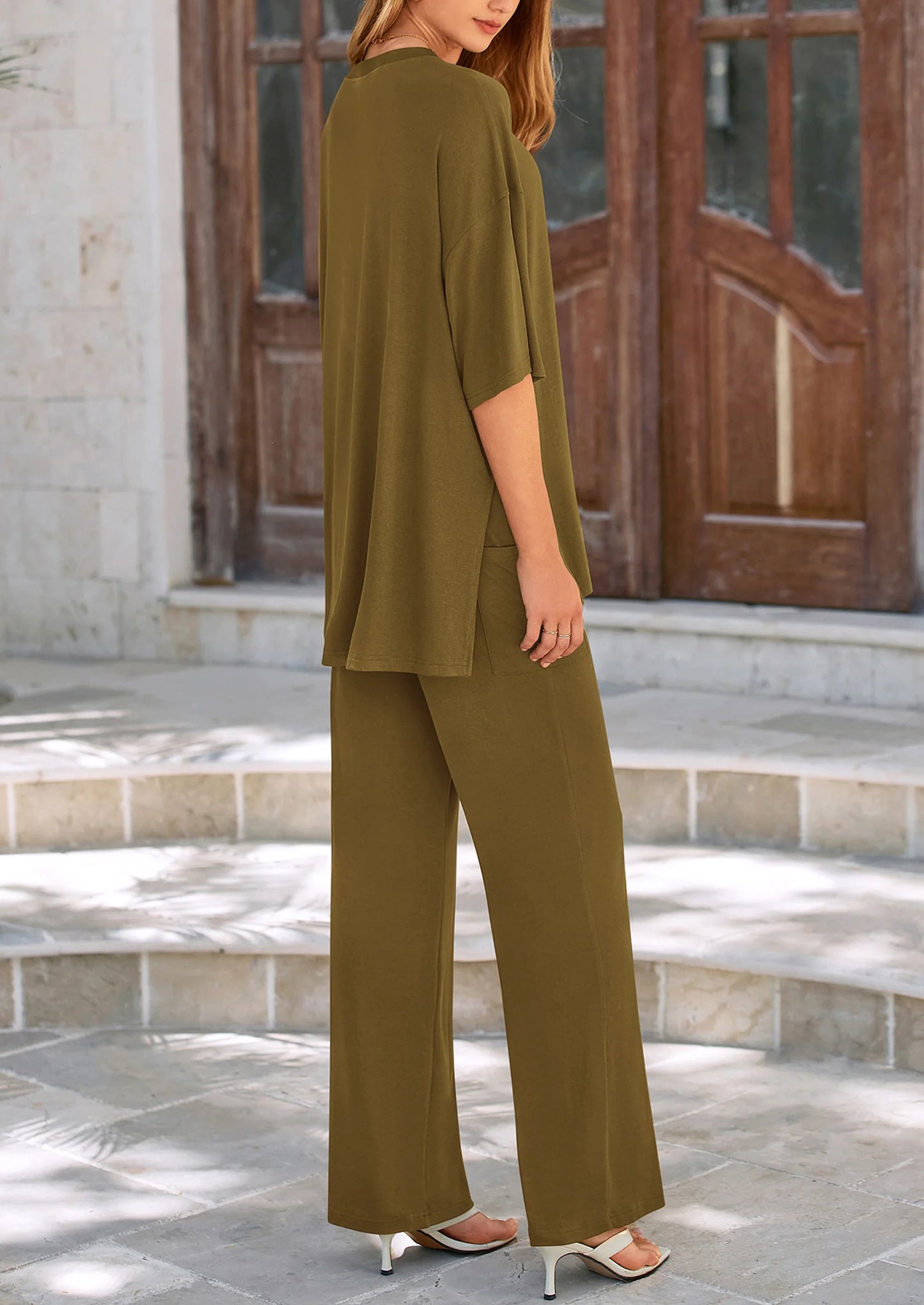 Women's 2 Piece Outfits Casual Short Sleeve Pullover Tops and Wide Leg Pants Lounge Sets Tracksuits