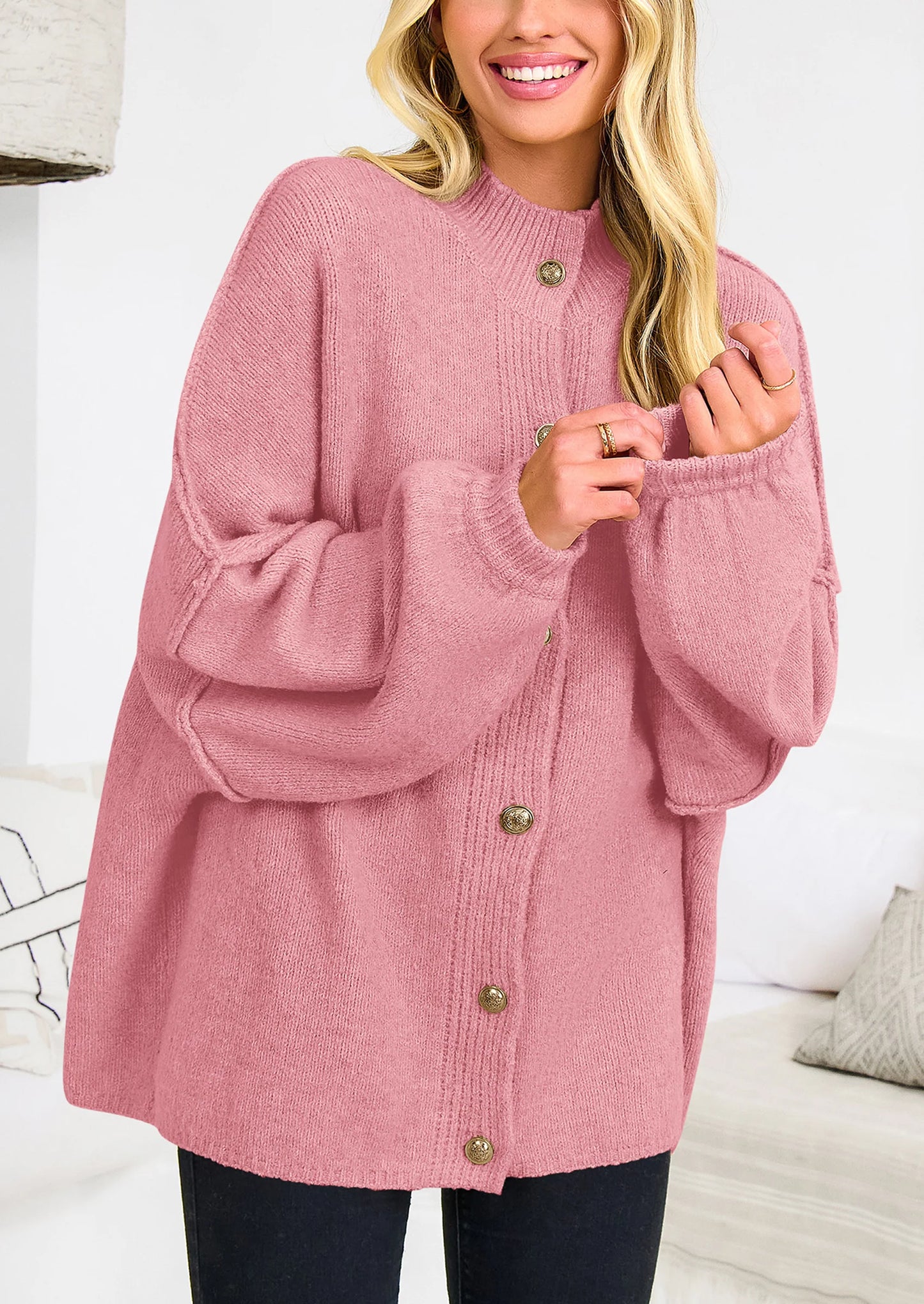 Women's Winter Button Down Cardigan Sweaters Mock Neck Lantern Long Sleeve Chunky Knit Jacket Trendy Outerwear