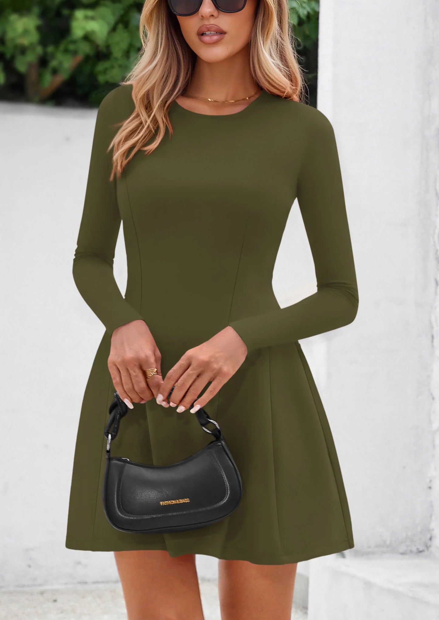 Long Sleeve Mini Dress for Women Fall Crewneck Knit Pleated Babydoll A Line Soft Casual Short Party Dresses