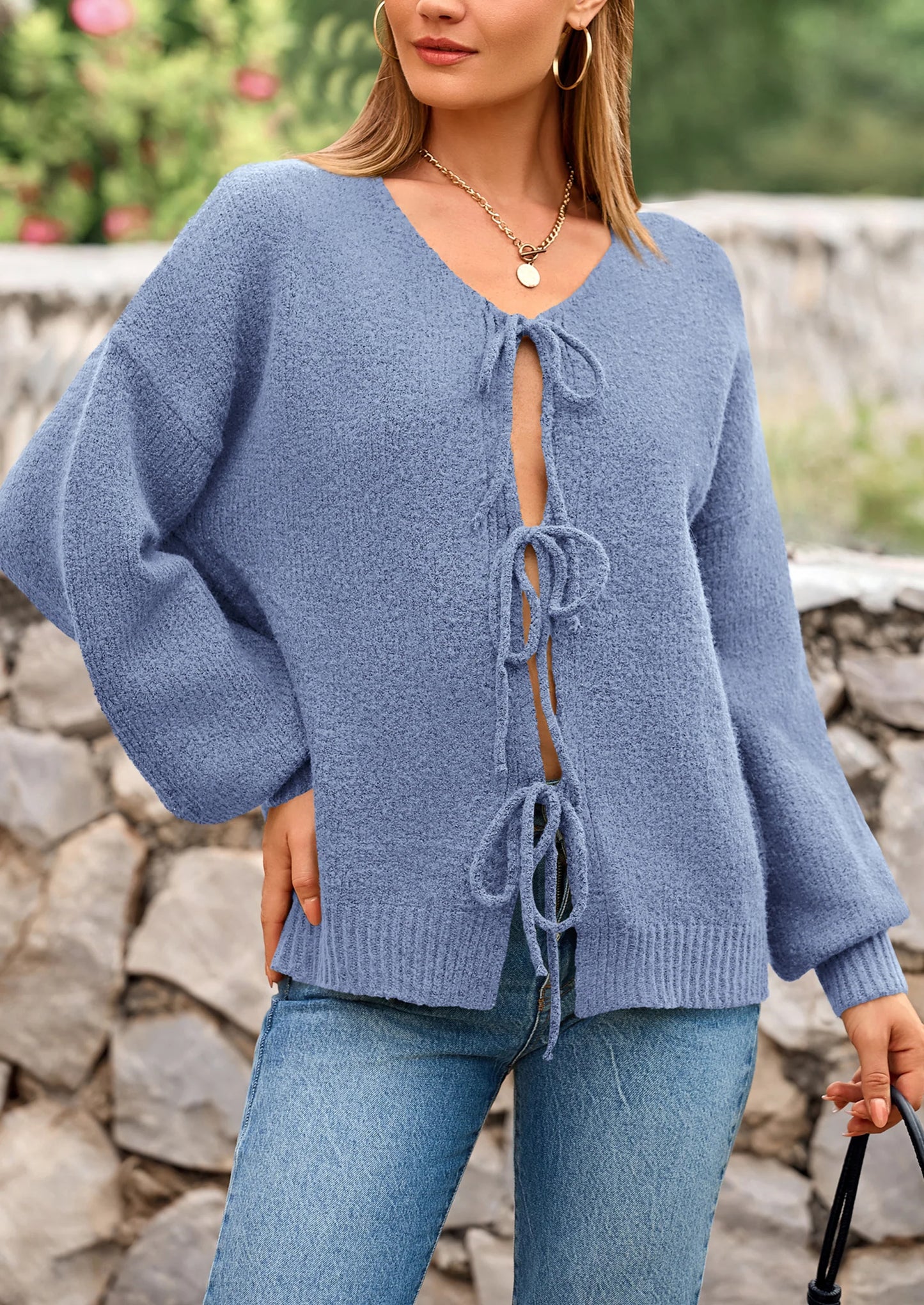 Women's Tie Front Bow Cardigan Sweaters Chunky Knit Long Puff Sleeve Trendy Fall Winter Jacket Coats