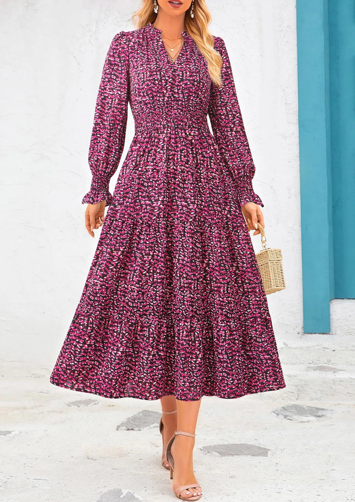 Women's Floral Maxi Dress Spring Long Sleeve V Neck Casual A Line Long Flowy Boho Party Dresses