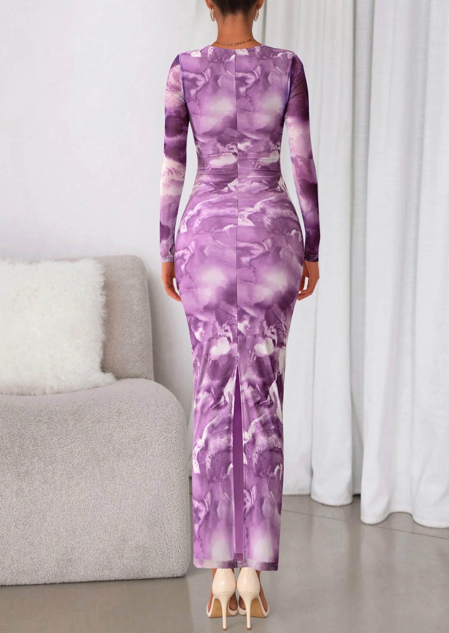 Women's Fall Wedding Guest Dresses Long Sleeve Fitted Ruched Slit Bodycon Mesh Floral Party Maxi Dress