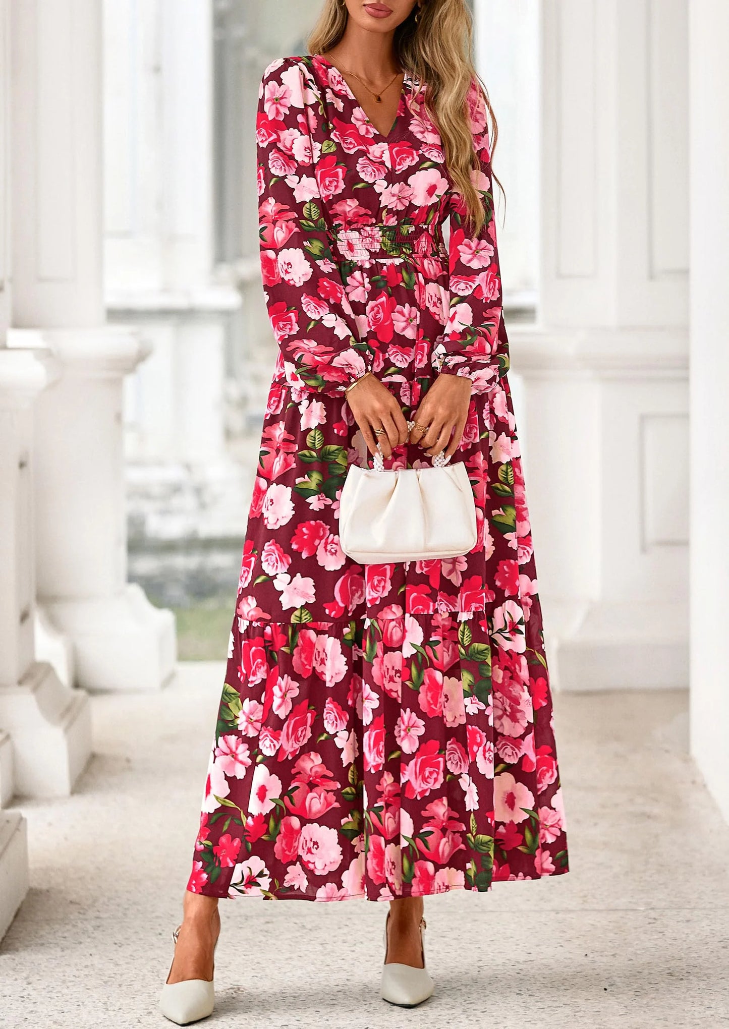 Long Sleeve Maxi Fall Dresses for Women Vneck Smocked Boho Floral Tiered Swing Flowy Wedding Guest Dress