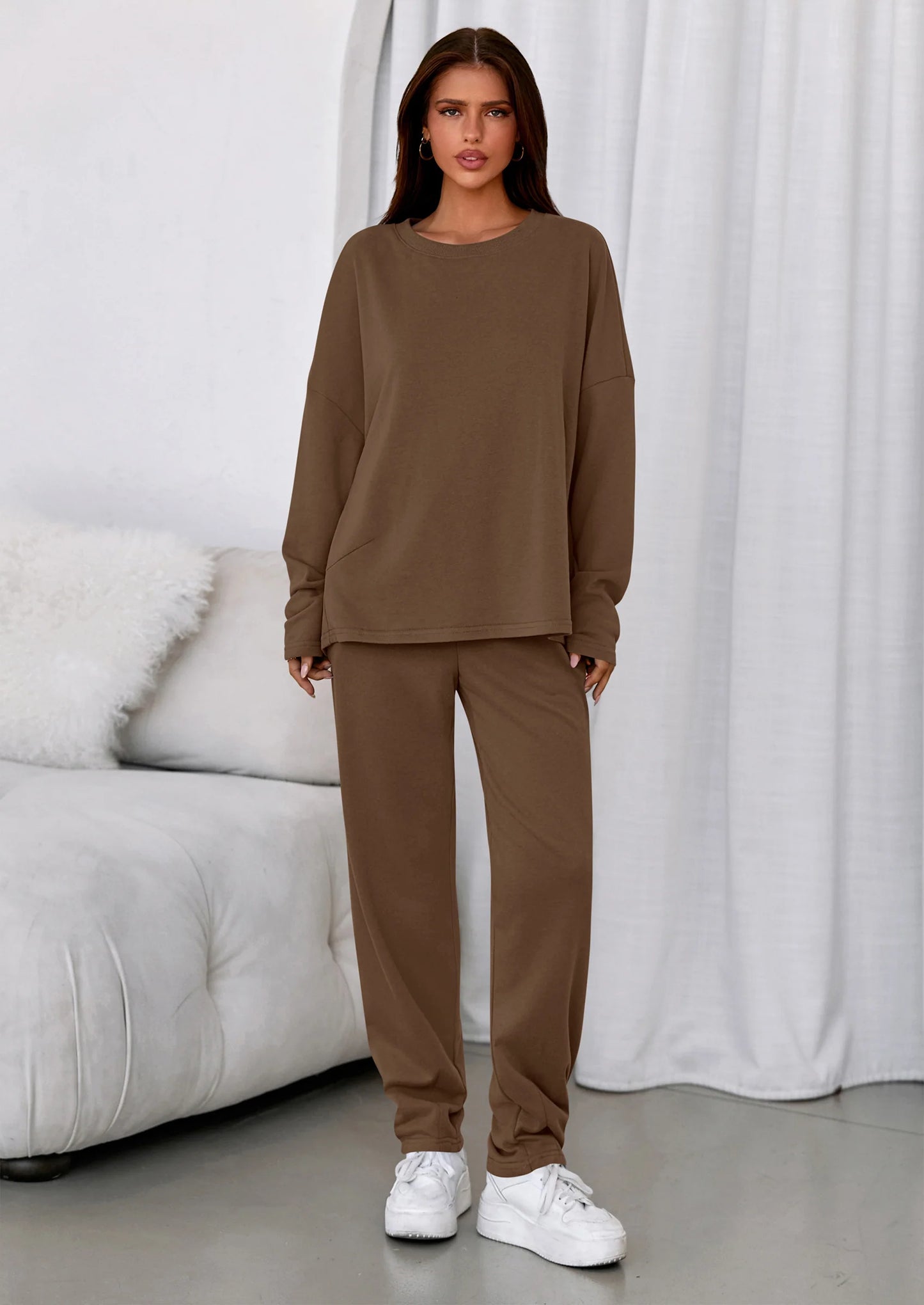 Womens 2 Piece Matching Lounge Sets Fall Long Sleeve Boatneck Sweatsuit Drawstring Sweatpants Pockets