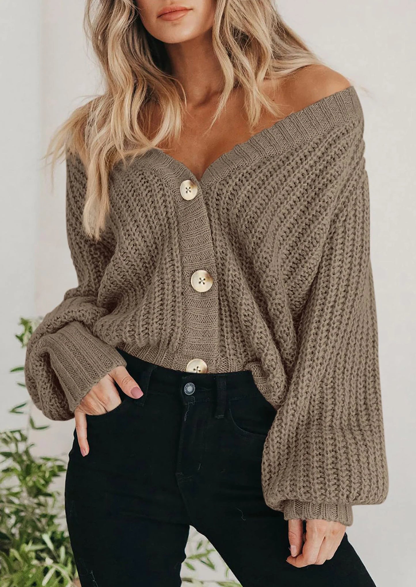 Women's Chunky Knit Open Front Sweater Long Sleeve Button Loose Short Cardigan Outerwear Coats
