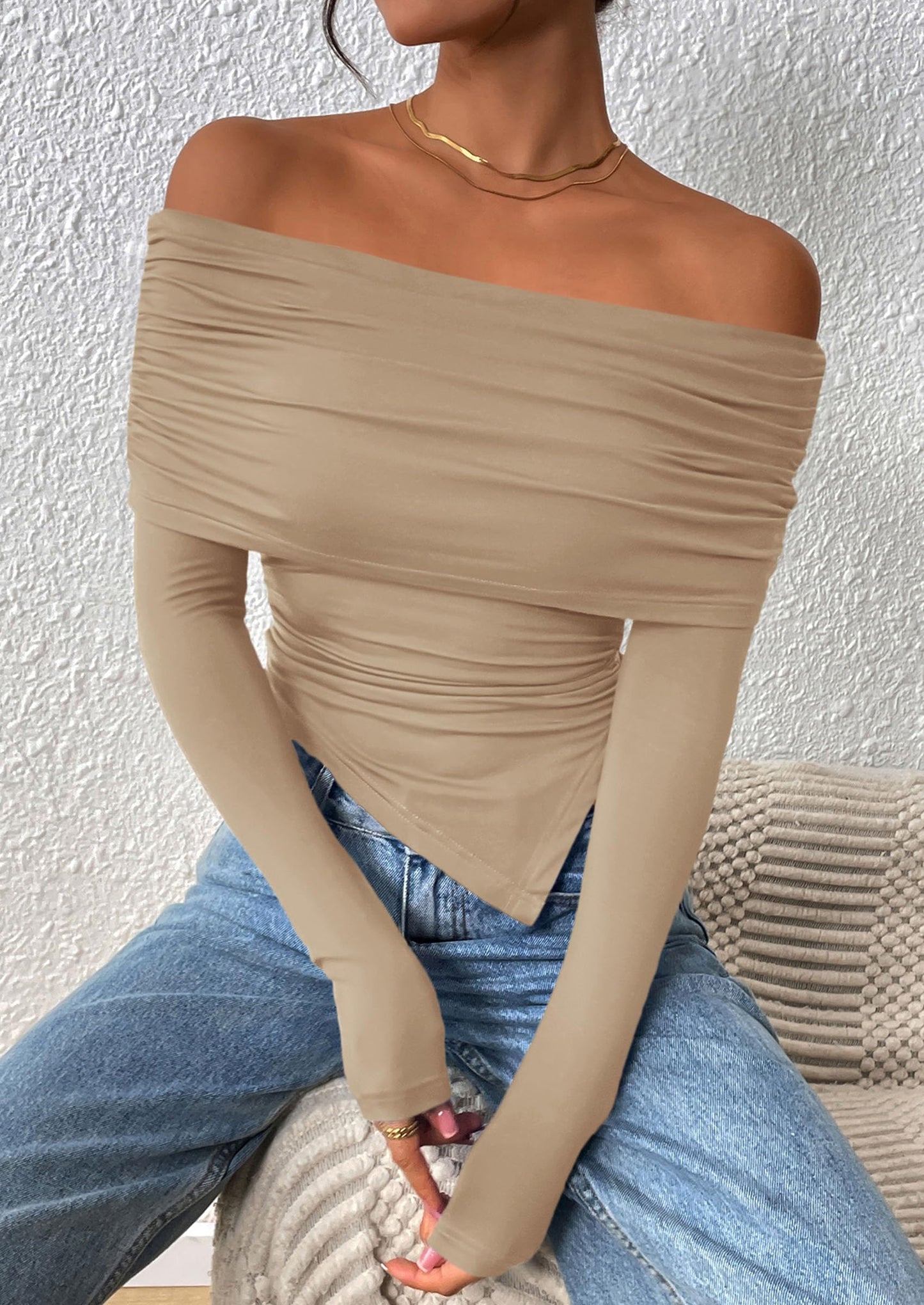 Women's Long Sleeve Shirts Off Shoulder Tops Going Out Slim Fitted Y2K Blouses Fall Fashion Clothes