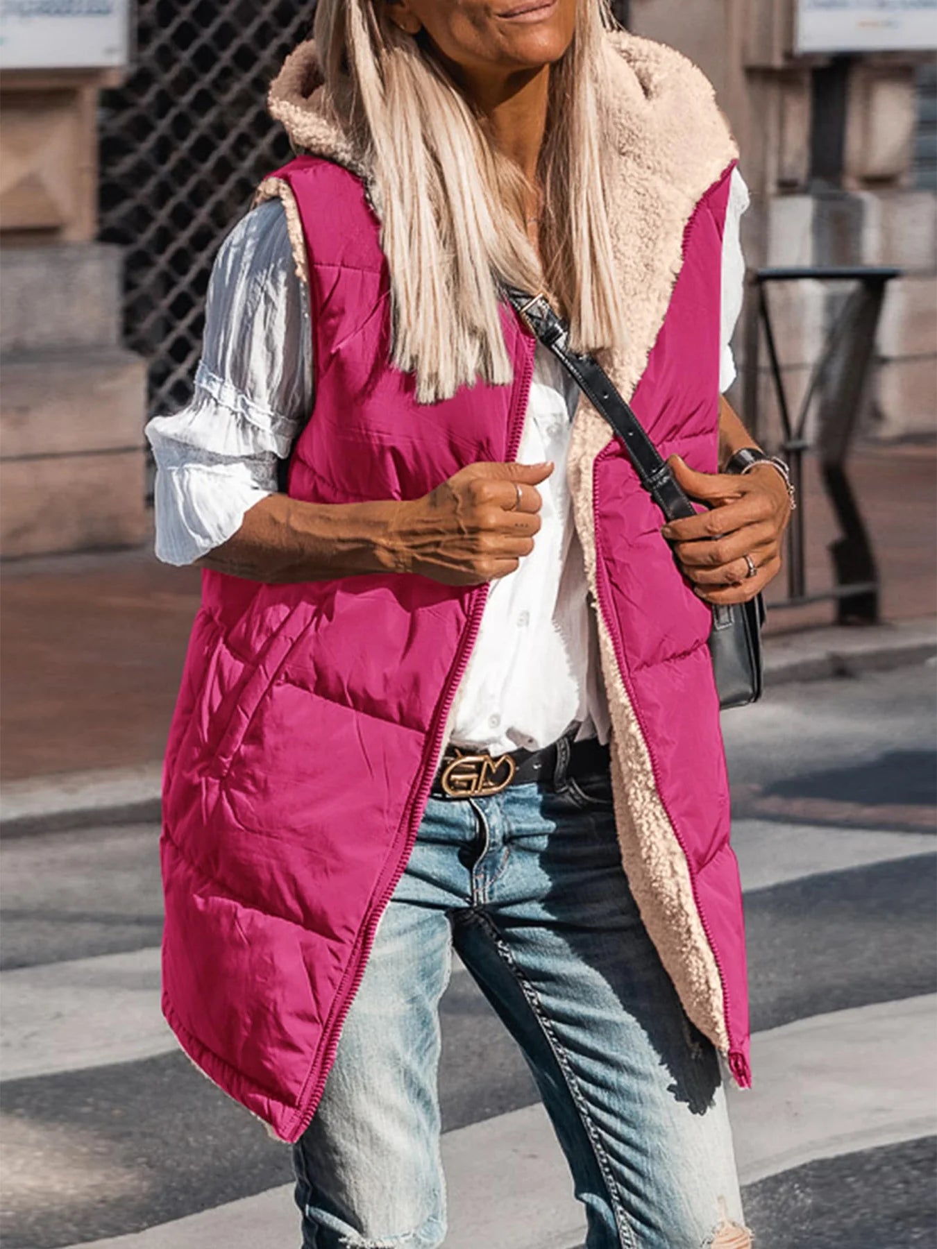 Womens Fall Reversible Vests Sleeveless Fleece Jacket Zip Up Hoodie Pockets Long Warm Winter Coat Outerwear
