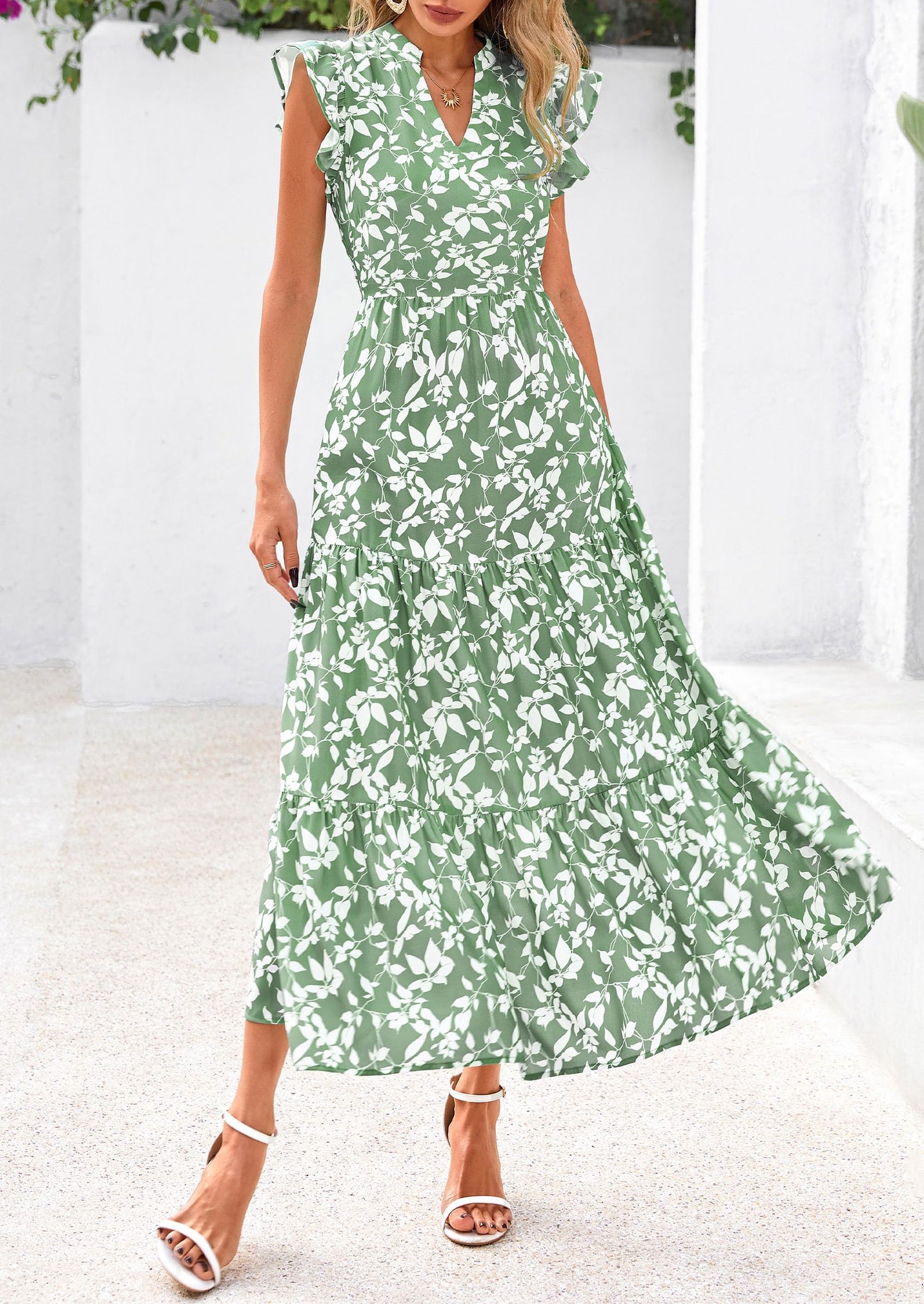 Women's Summer Floral Midi Dress Cap Sleeve V Neck Ruffle Long Flowy Boho Casual Beach Vacation Dresses