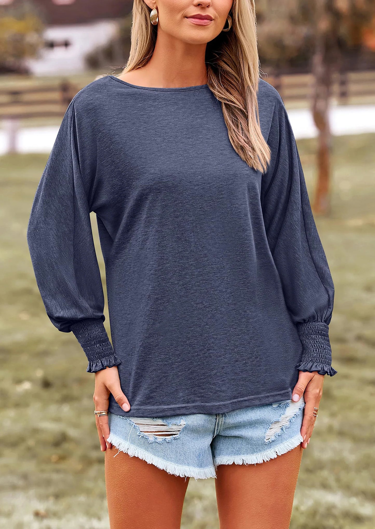 Women's Spring Fashion T Shirts Puff Long Sleeve Crewneck Casual Basic Tee Tops Blouses