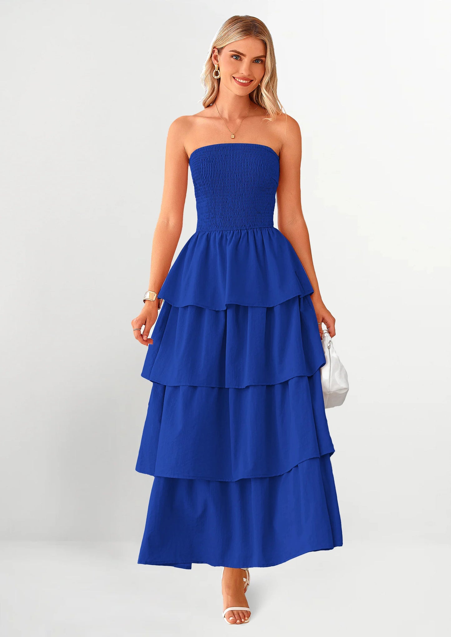 Maxi Dresses for Women Off Shoulder Smocked Tiered Ruffle Long Flowy Wedding Guest Dress