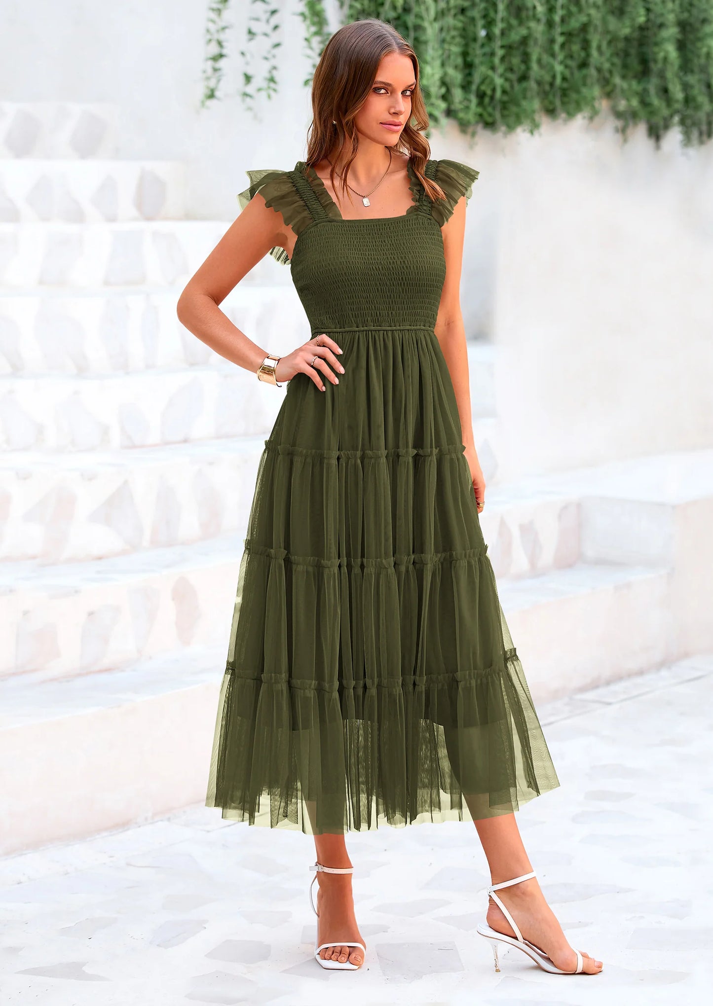 Women's Tulle Midi Dress Sleeveless Smocked Ruffle Mesh Flowy Dresses Party Wedding Guest Sundress