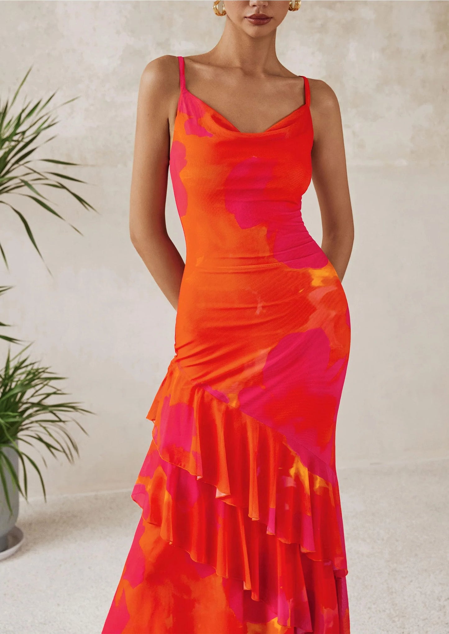 Maxi Dresses for Women Floral Beach Sundress Spaghetti Strap Tiered Wedding Guest Long Dress