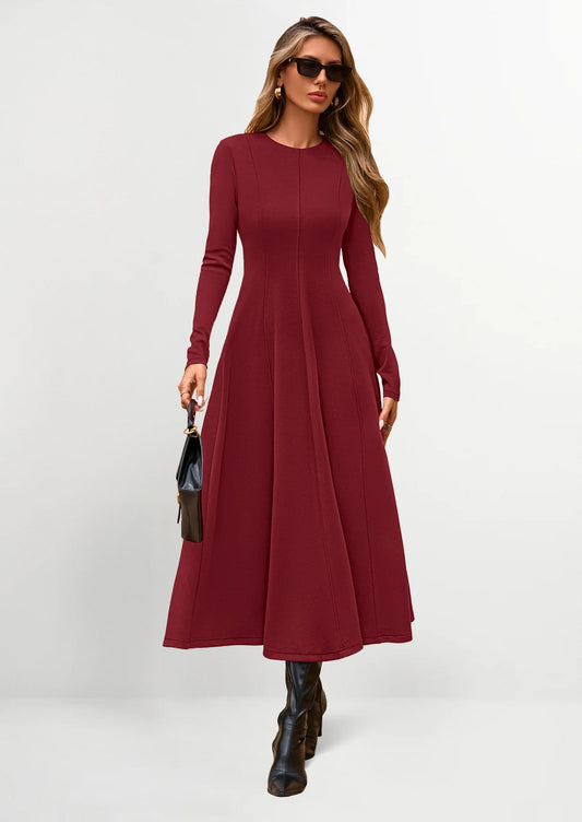 Women's Fall Long Sleeve Midi Dress Casual Elegant Ruffle Flowy A Line Swing Cocktail Party Dresses