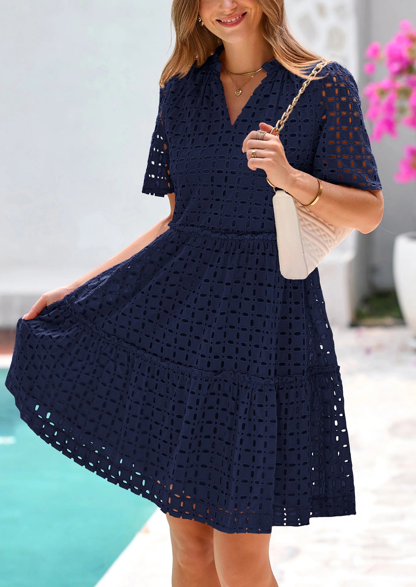 Women's Short Sleeve Mini Dress Summer V Neck Hollow Out Eyelet Ruffle A Line Swing Short Dresses
