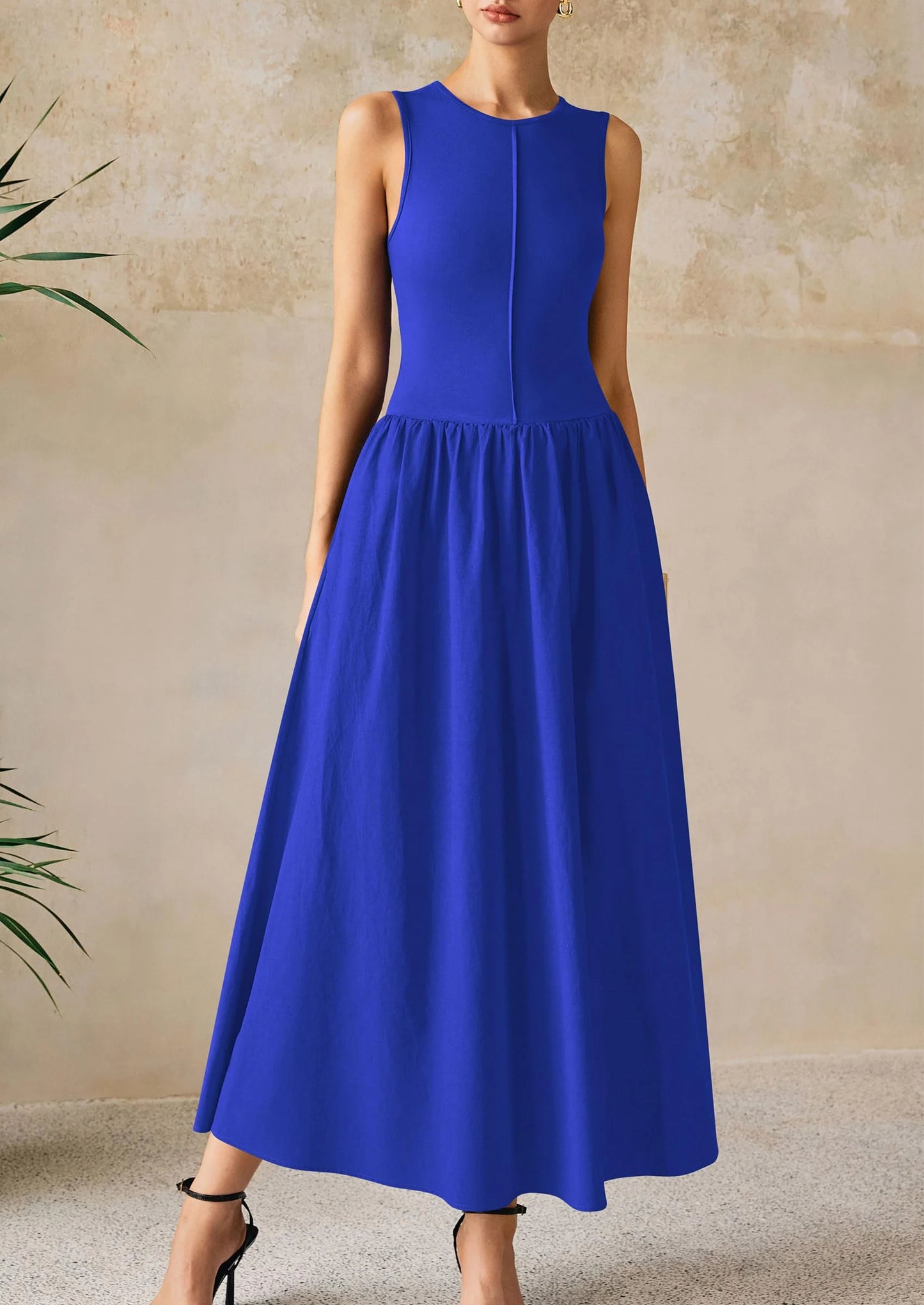Women Maxi Dresses Casual Sleeveless Patchwork Knit Tank Dress Flowy Beach Sundress Long Dress