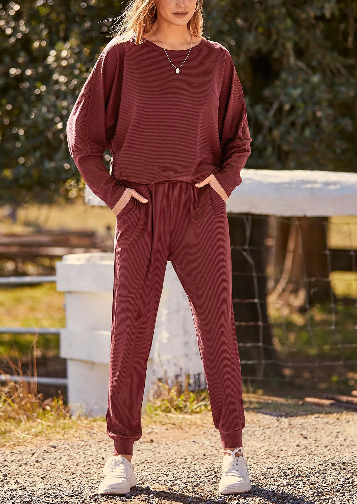 Women's Fall 2 Piece Lounge Set Long Sleeve Tops Ribbed Pants Spring Matching Sweatsuit Travel Outfits Clothes