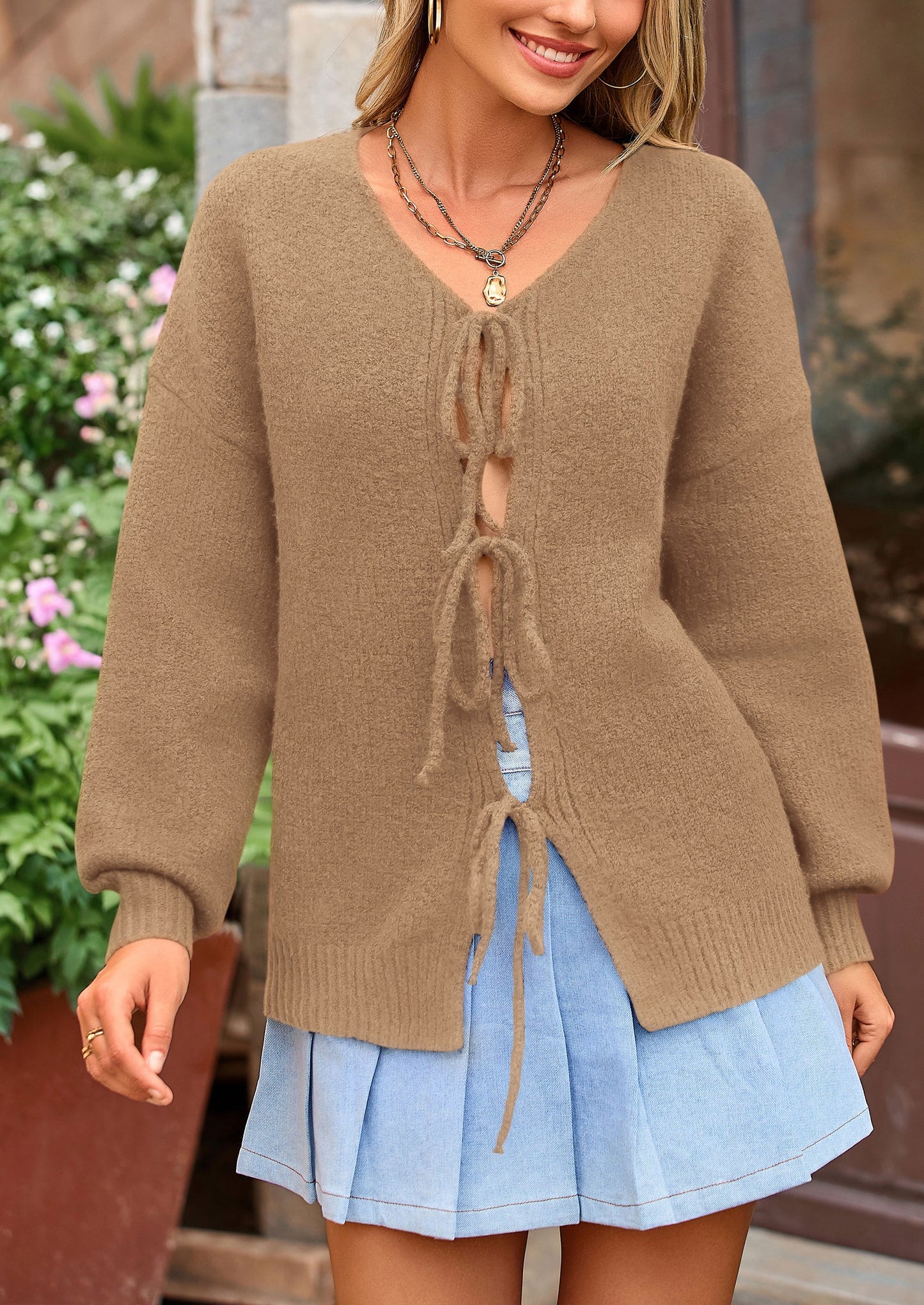 Women's Tie Front Bow Cardigan Sweaters Chunky Knit Long Puff Sleeve Trendy Fall Winter Jacket Coats