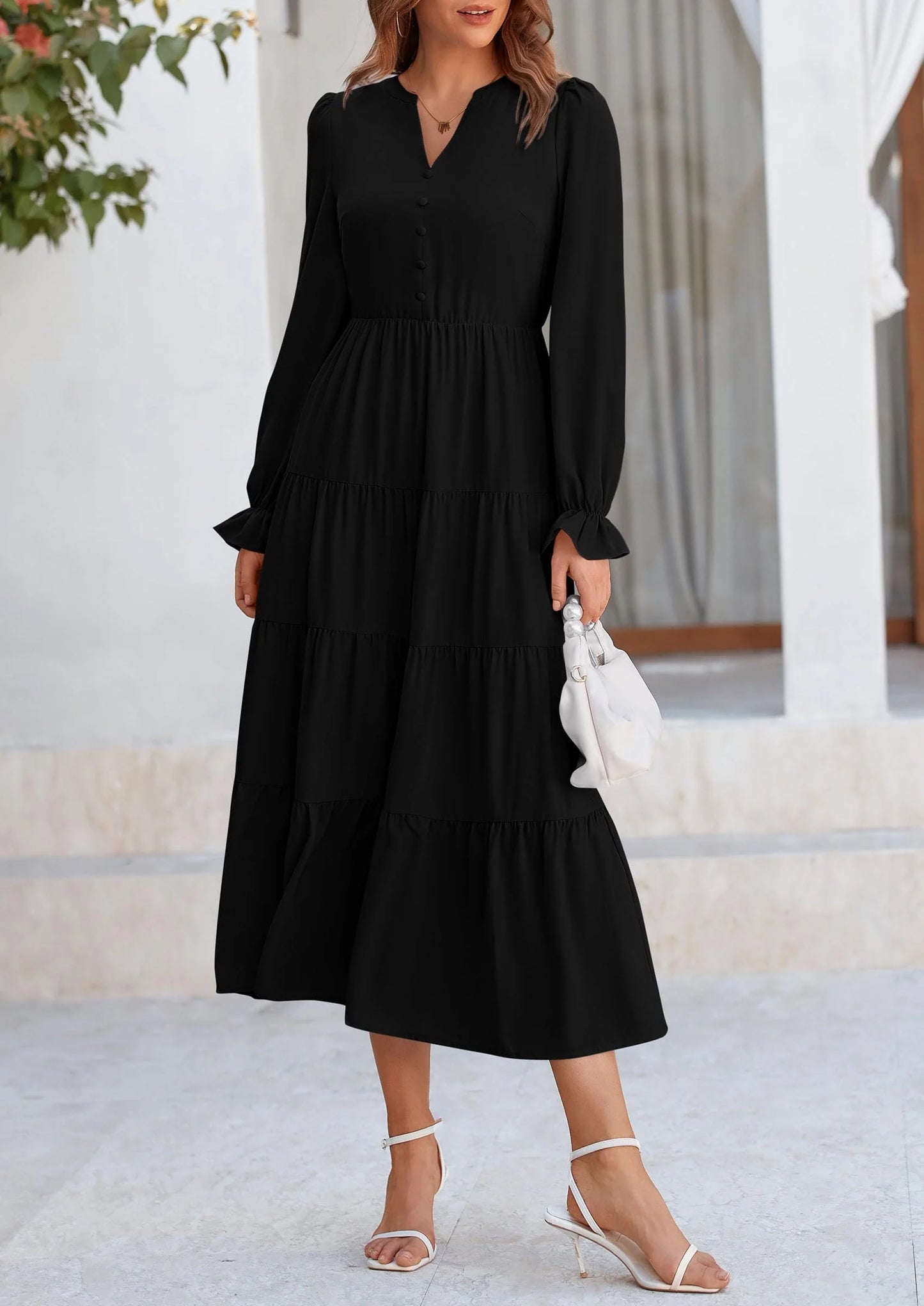 Women Fall Long Sleeve Smocked Maxi Dress Casual Square Neck Swiss Dot Tiered Ruffle Flowy Spring Pocket Dresses