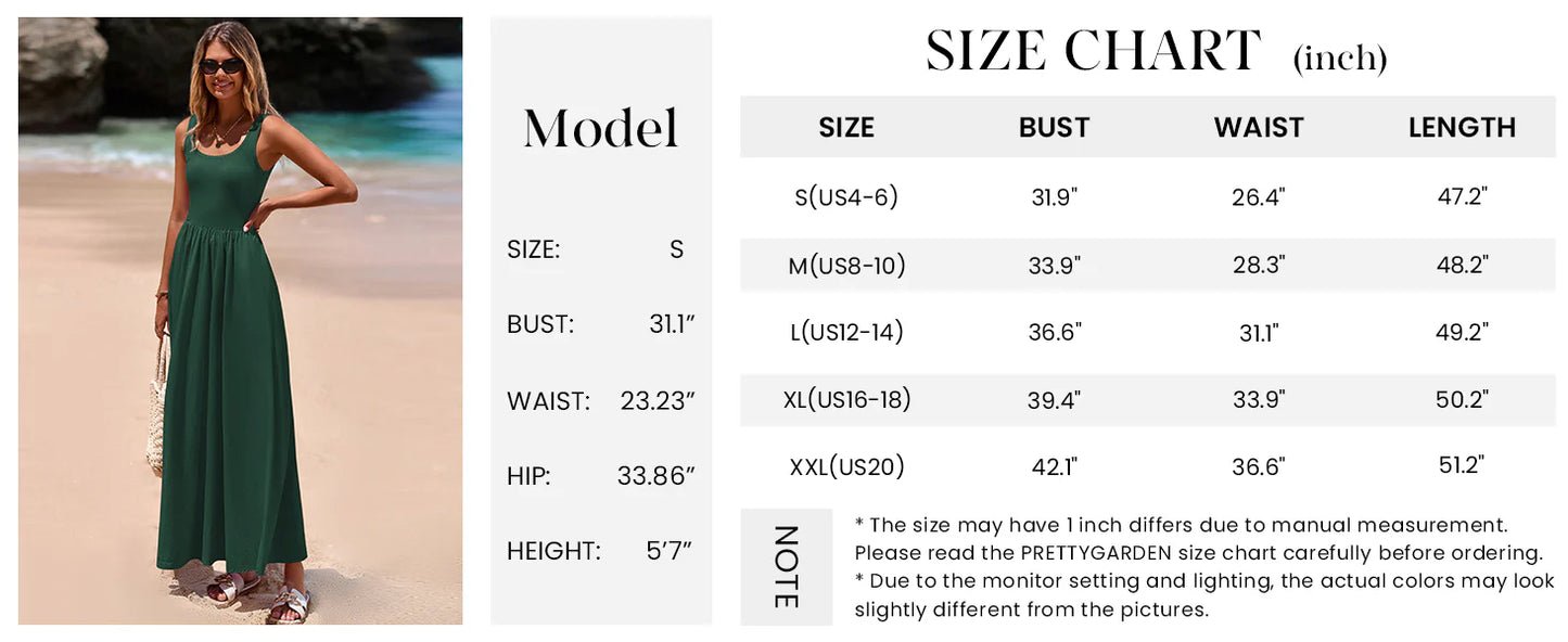 Womens Summer Casual Scoop Neck Sleeveless Long Dresses Tank Top Patchwork Aline Swing Maxi Dress with Pockets