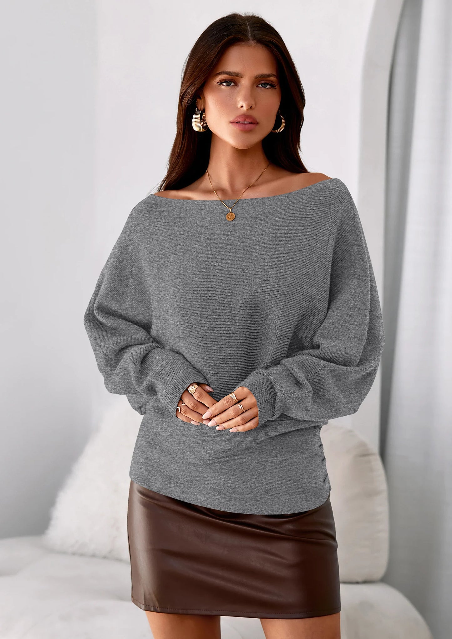 Women Off The Shoulder Sweater Fall Trendy Long Batwing Sleeve Knit Pullover Going Out Tops Winter Clothing