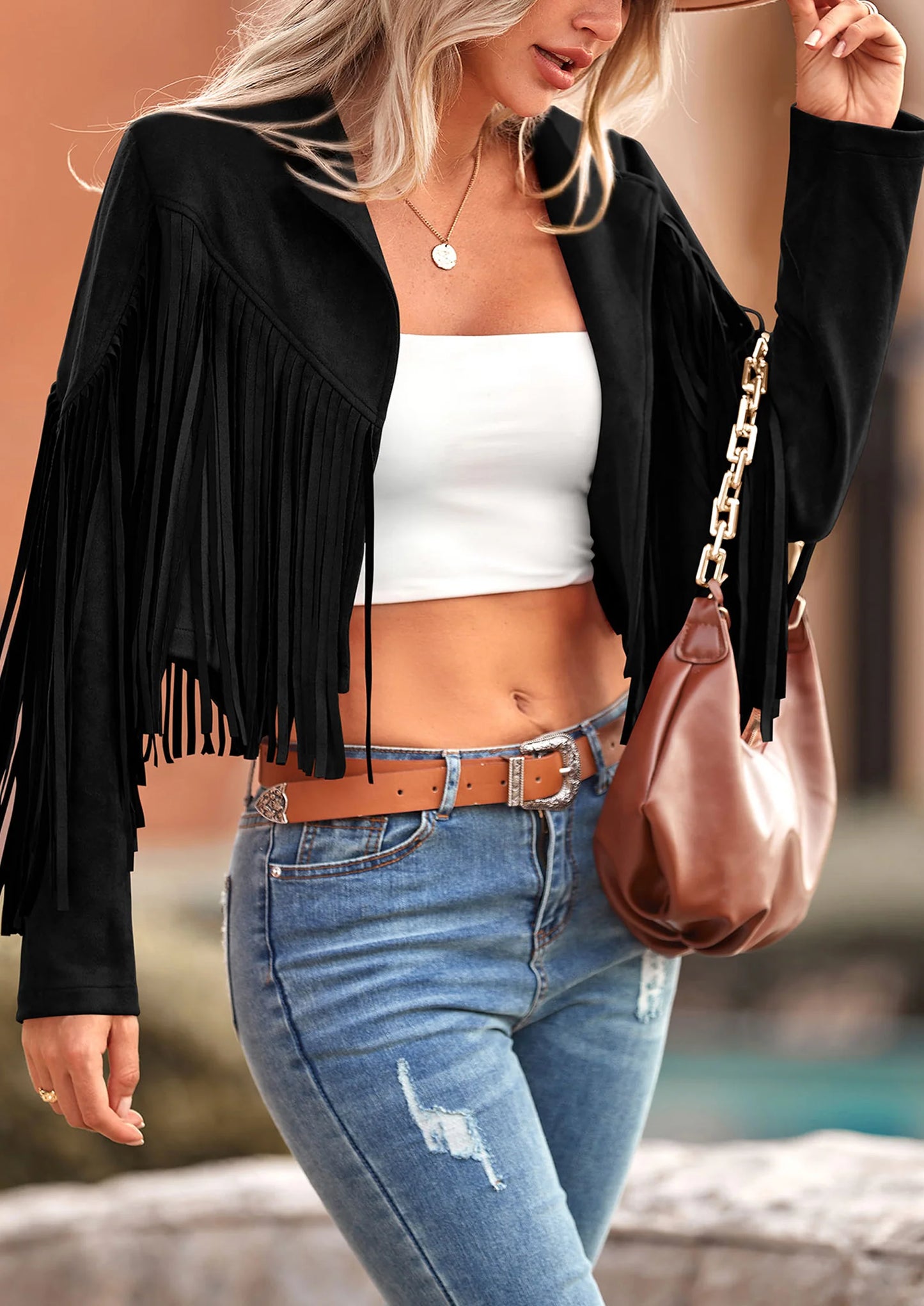 Women's Fringe Faux Suede Leather Jackets Fashion Tassel Motorcycle Cropped Coats
