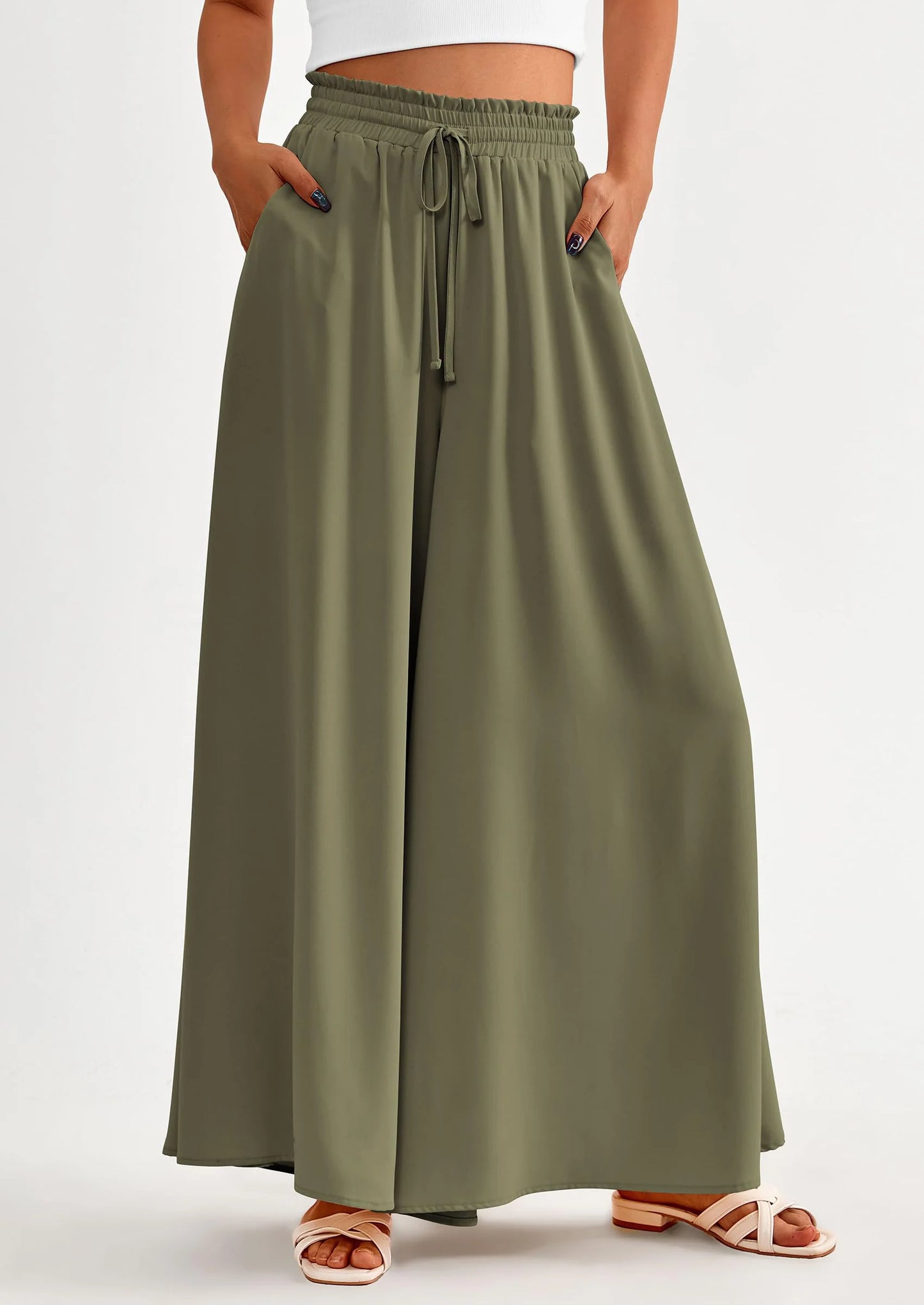 Women's Summer Wide Leg Palazzo Pants High Waisted Flowy Pockets Trendy Casual Lounge Boho Beach Trousers