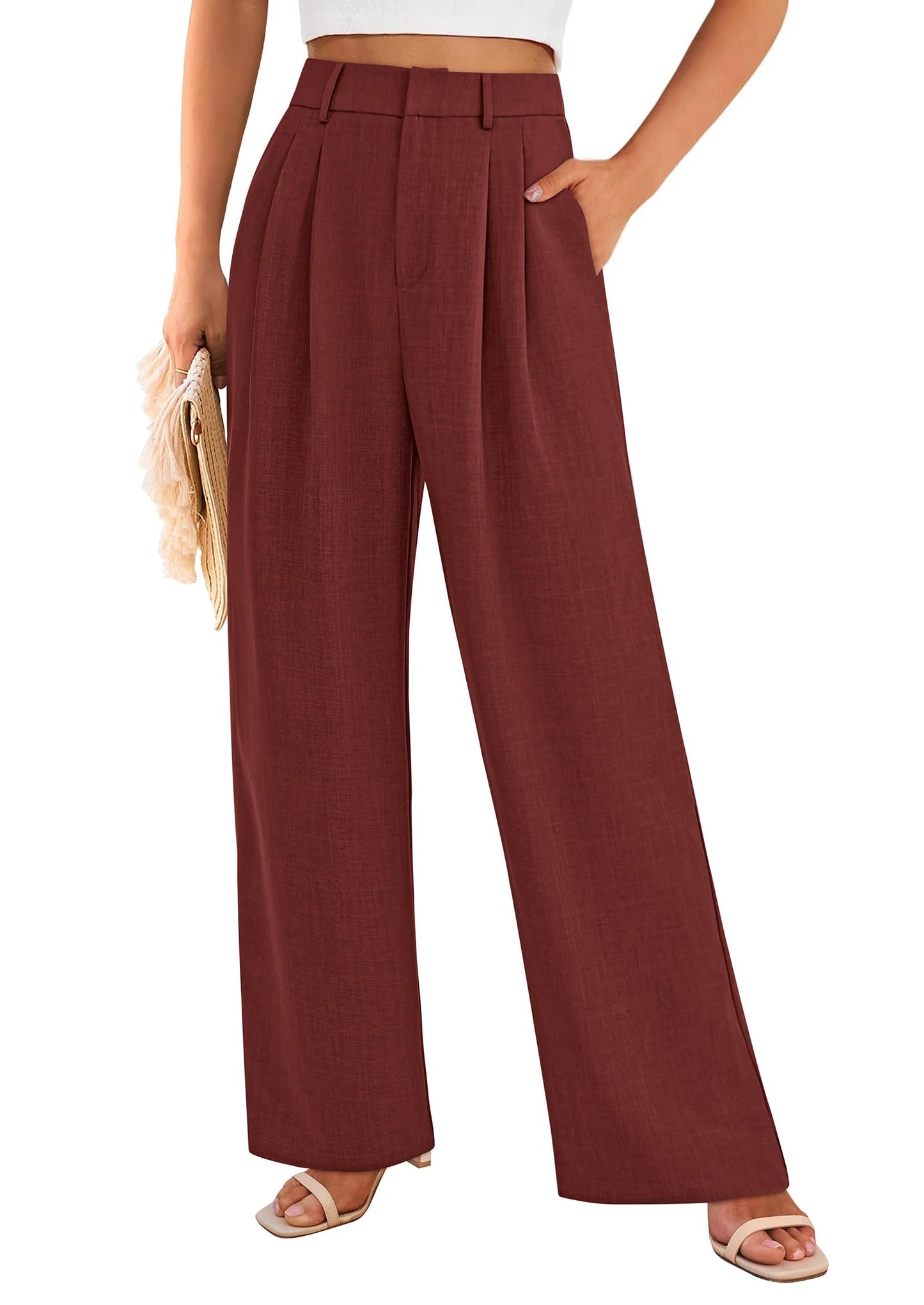 Women's Summer Elastic High Waisted Work Pants Straight Leg Dressy Business Casual Trousers Slacks Pockets