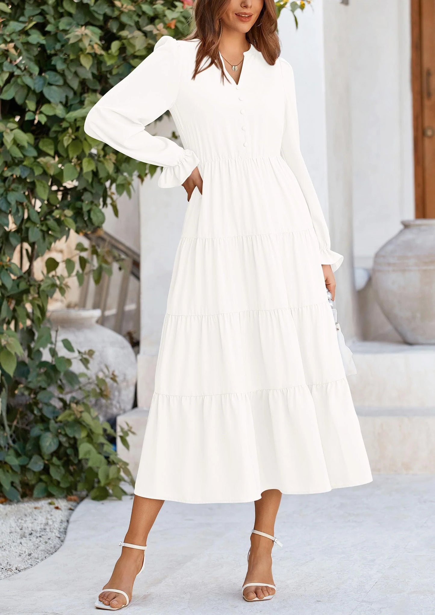 Women Fall Long Sleeve Smocked Maxi Dress Casual Square Neck Swiss Dot Tiered Ruffle Flowy Spring Pocket Dresses