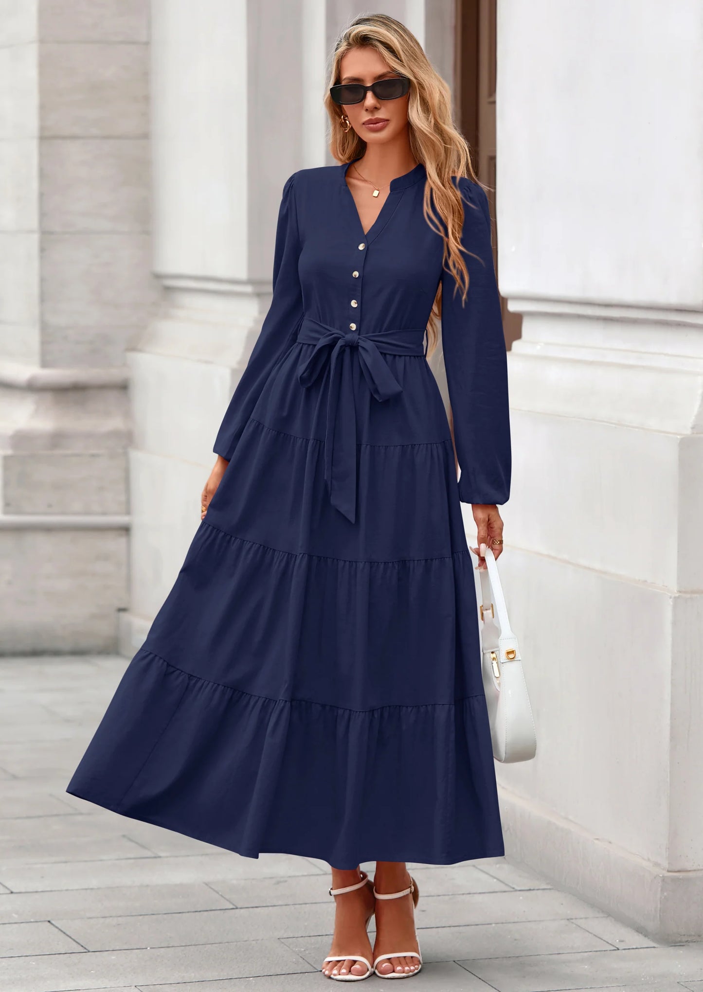 Fall Dresses for Women Long Sleeve V Neck Belted Ruffle A Line Flowy Boho Maxi Wedding Guest Dress Pockets