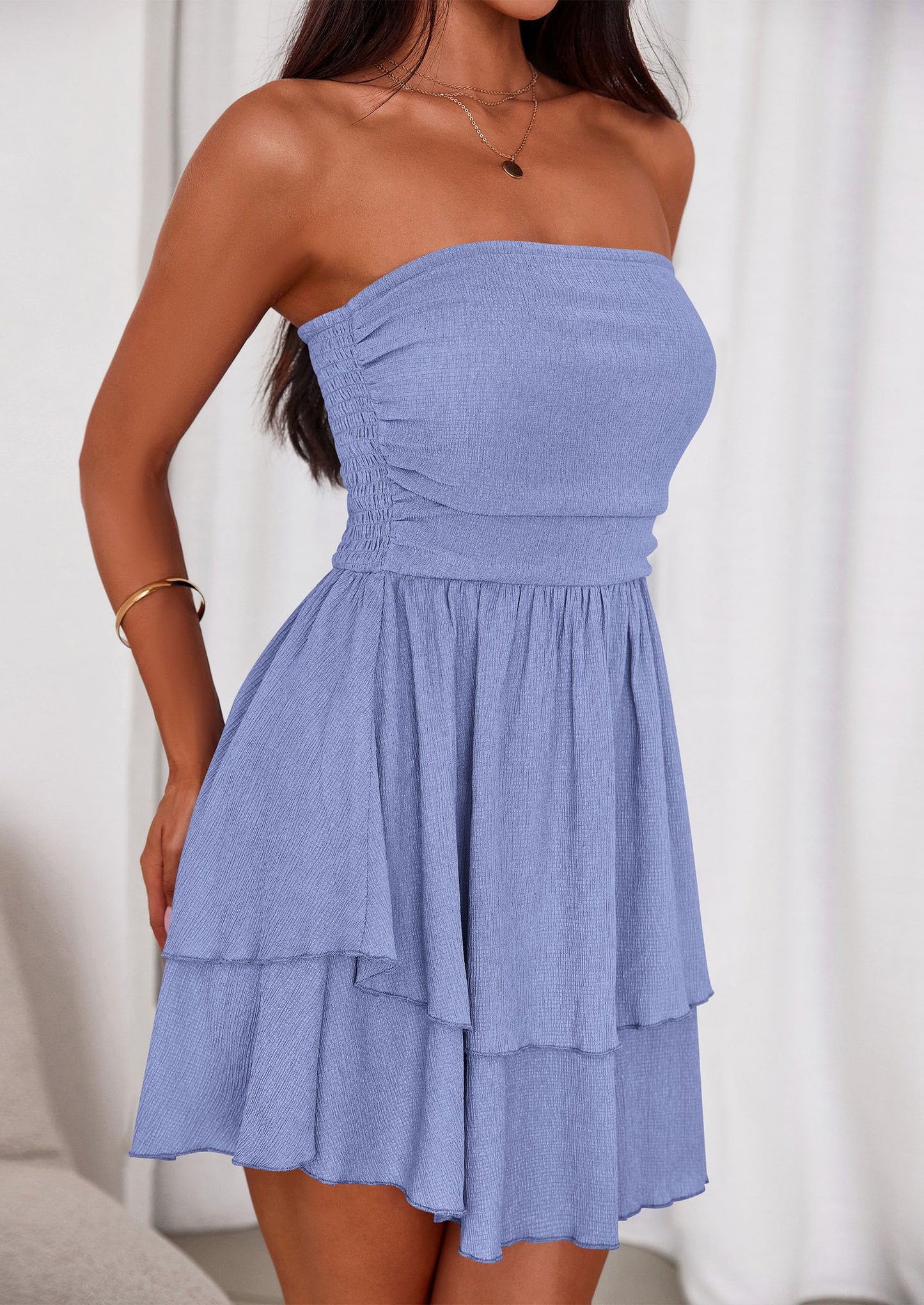 Women's Summer Strapless Tube Mini Dress Off Shoulder Smocked Ruffle A Line Flowy Short Party Club Dresses