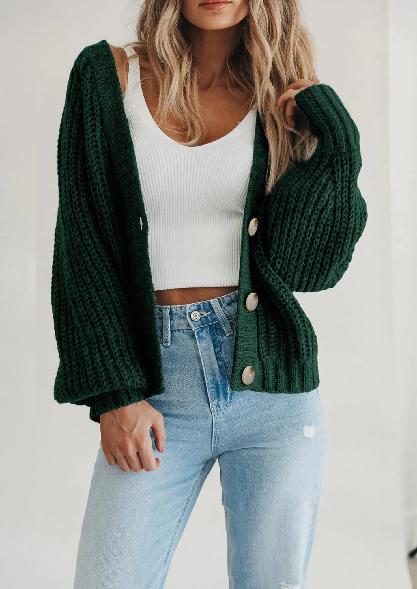 Women's Chunky Knit Open Front Sweater Long Sleeve Button Loose Short Cardigan Outerwear Coats