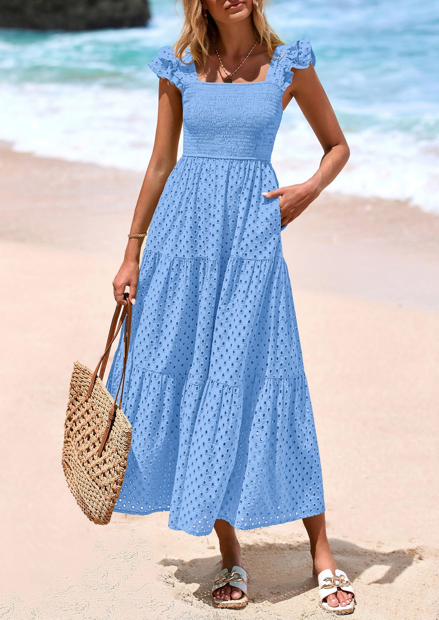 Womens Square Neck Maxi Dresses Cap Sleeve Eyelet Smocked Tiered A Line Flowy Long Dress with Pockets