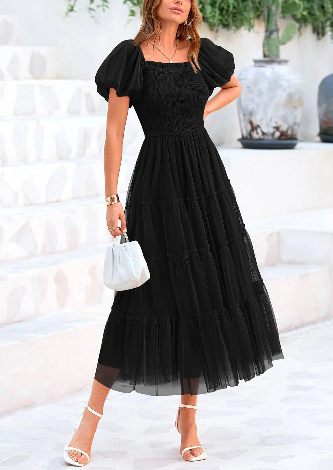 Women's Smocked Tulle Midi Dress Square Neck Puffy Short Sleeve Ruffle Wedding Guest Party Dresses