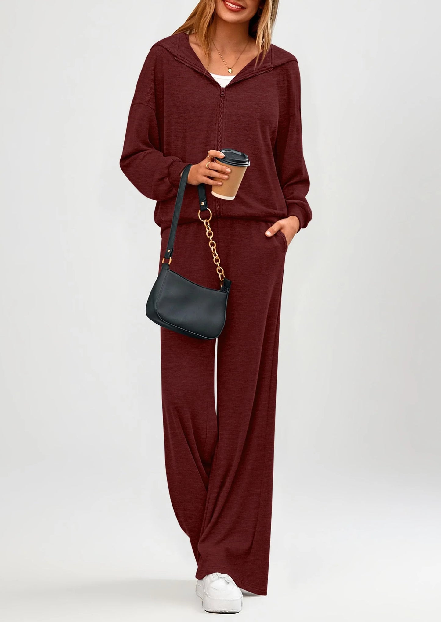 Women's 2 Piece Fall Lounge Sets Zip Up Hoodie Wide Leg Pants Tracksuit Matching Travel Outfits Clothes