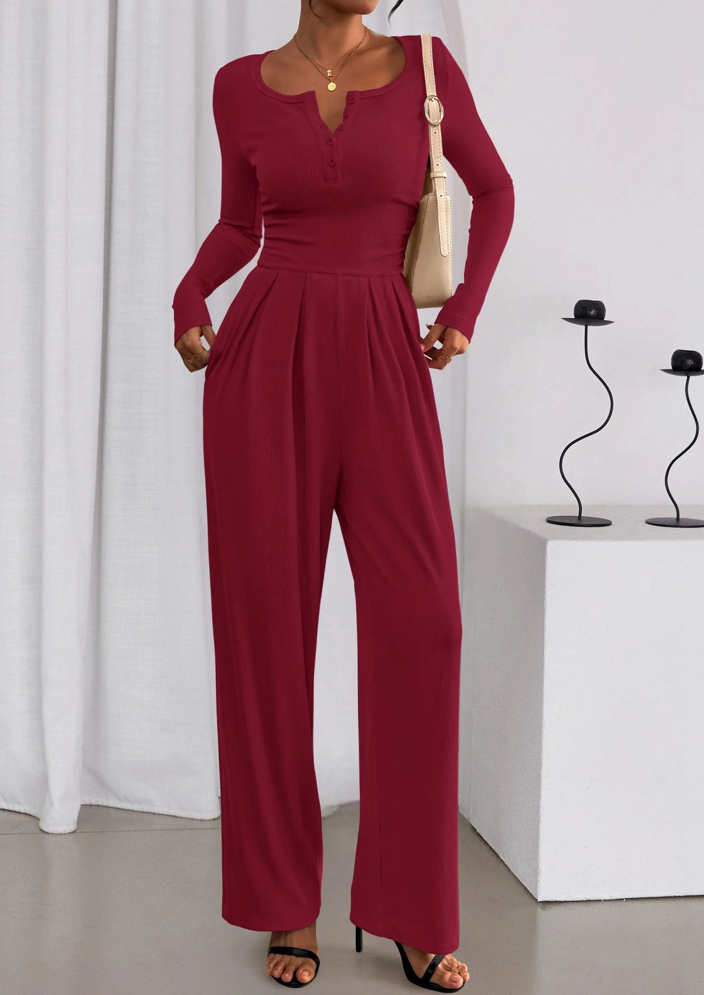 Jumpsuits for Women Dressy Casual Fall One Piece Outfits Long Sleeve Crew Neck Wide Leg Pants Rompers