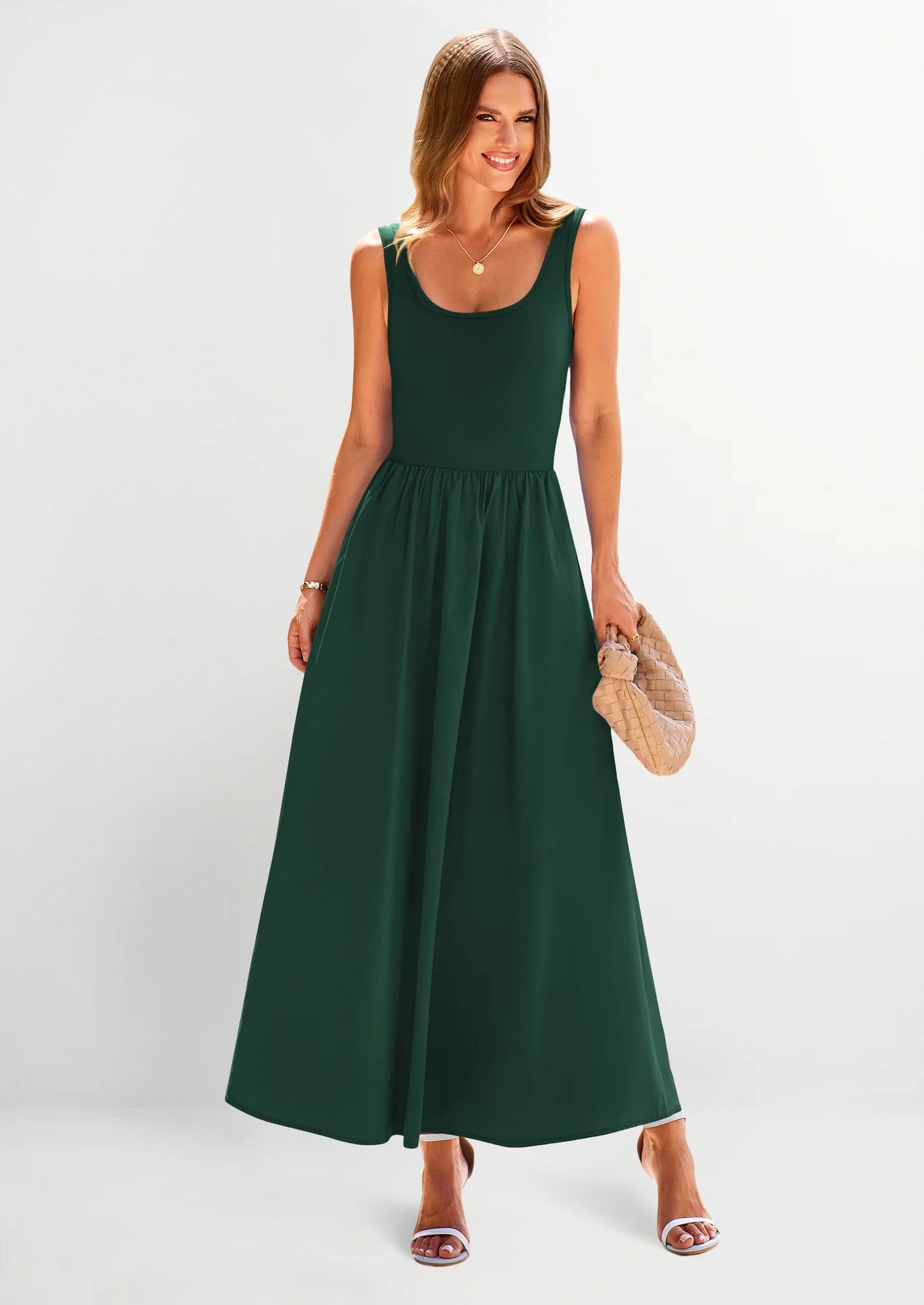 Womens Summer Casual Scoop Neck Sleeveless Long Dresses Tank Top Patchwork Aline Swing Maxi Dress with Pockets