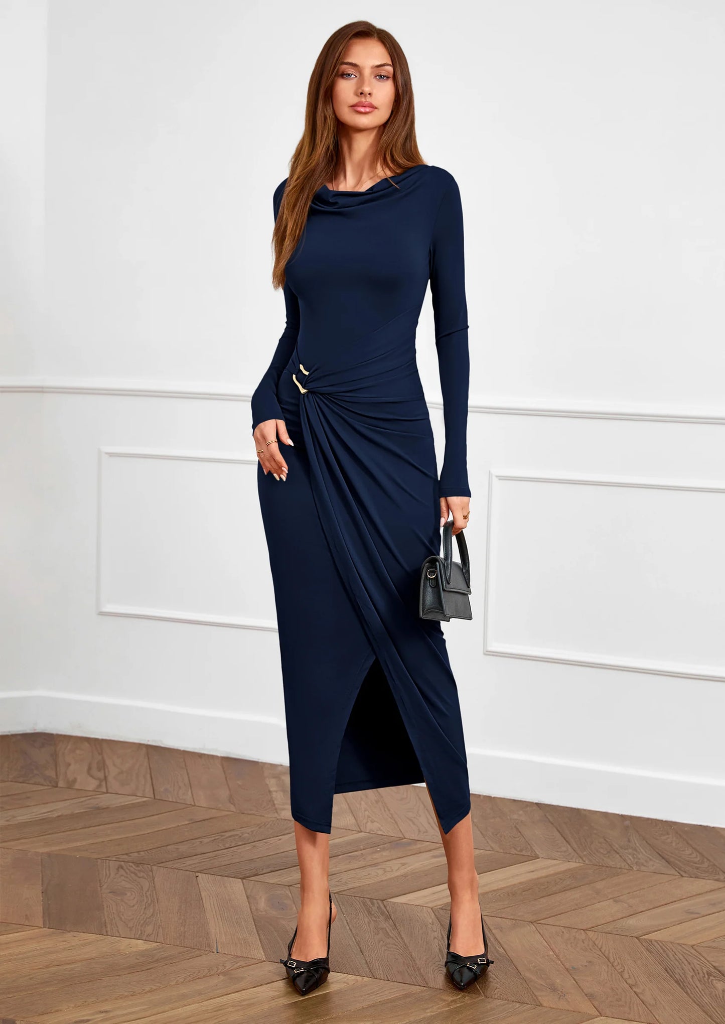 Women's Fall Wedding Guest Cocktail Midi Dresses Elegant Long Sleeve Bodycon Ruched Dress Fashion Clothing